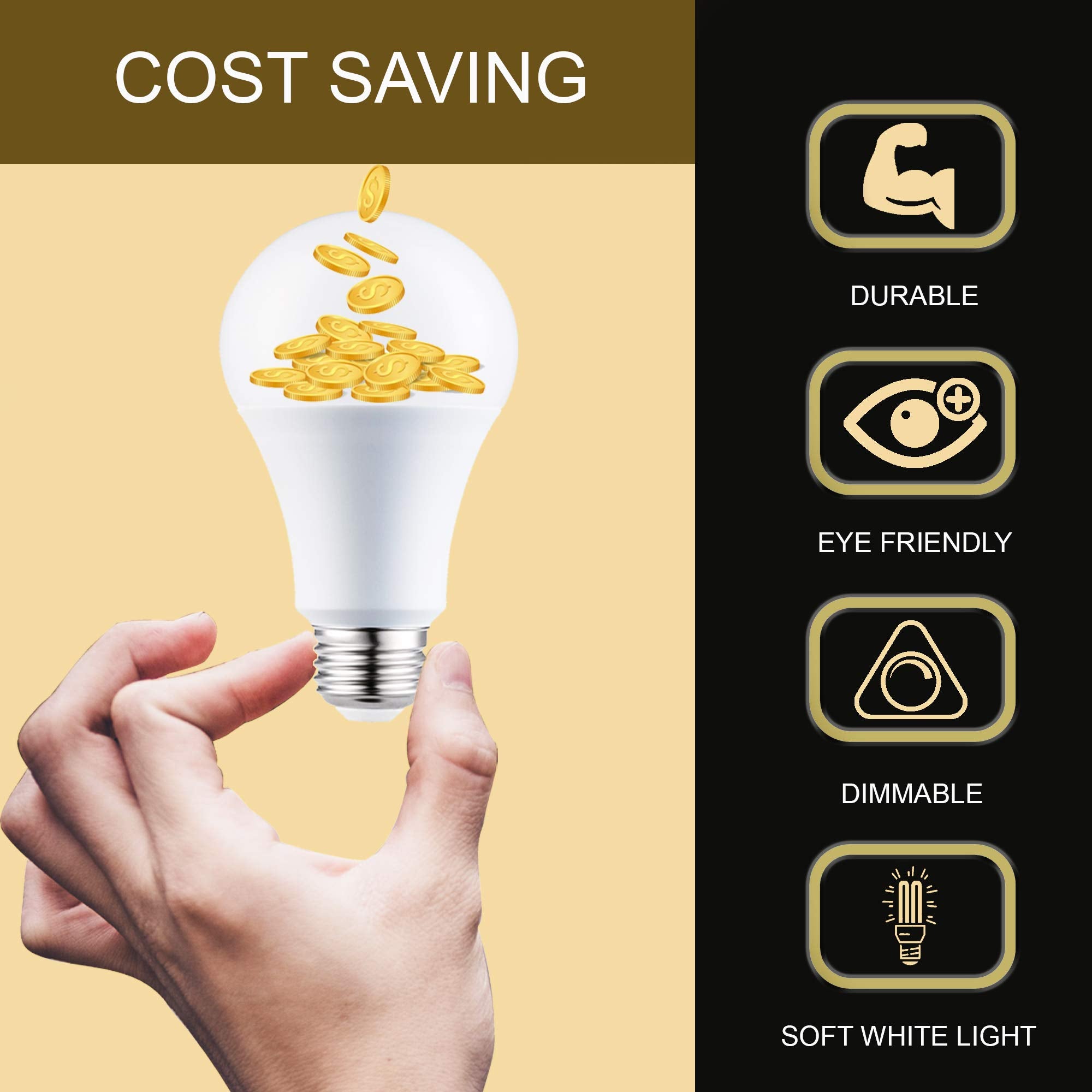 LABORATE LIGHTING A19 LED Light Bulbs, 60W, 800 Lumens, Dimmable, Soft White 3000K, 4-Pack, Energy Saving