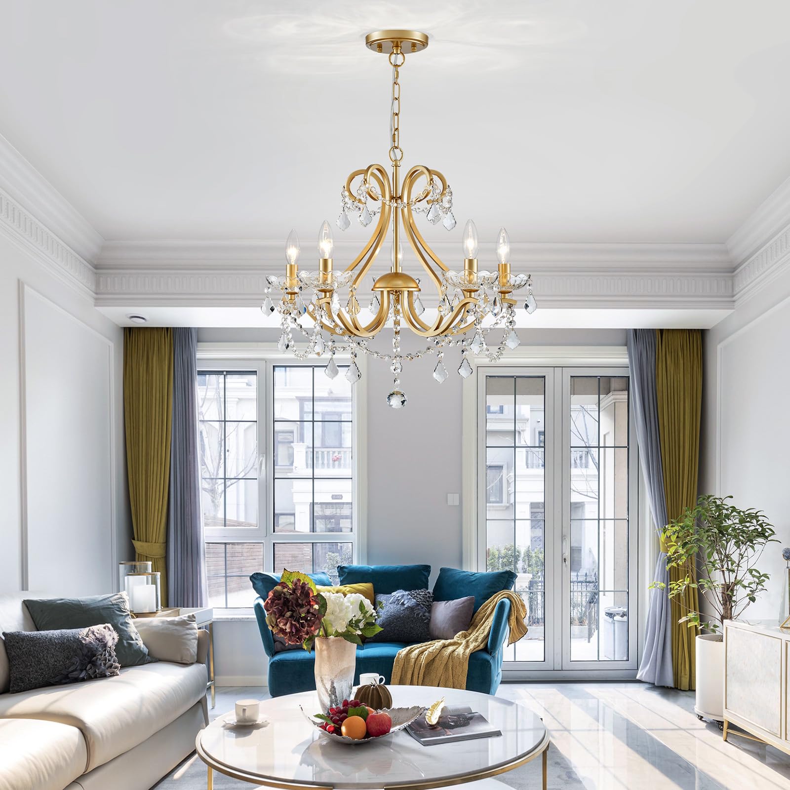 WUZUPS Crystal 5-Light Chandelier Pendant Ceiling Light, Gold, H 20.9" x W 21.7", Modern Lighting Fixture for Bedroom, Kitchen, Bathroom