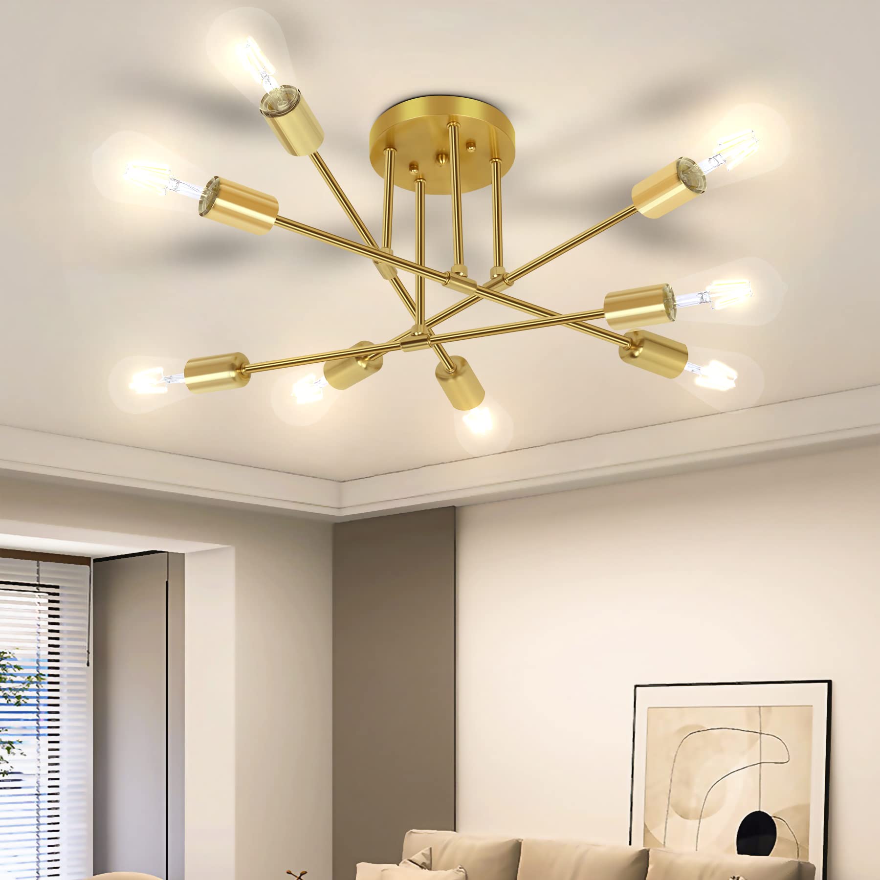 CANMEIJIA 8-Lights Gold Chandelier Sputnik Light Fixture  Sputnik Mount Chandelier Ceiling Lighting  Mid Century Ceiling Lights Fixtures for Bedroom  Dining Room  E26 Base  Bulbs Not Included