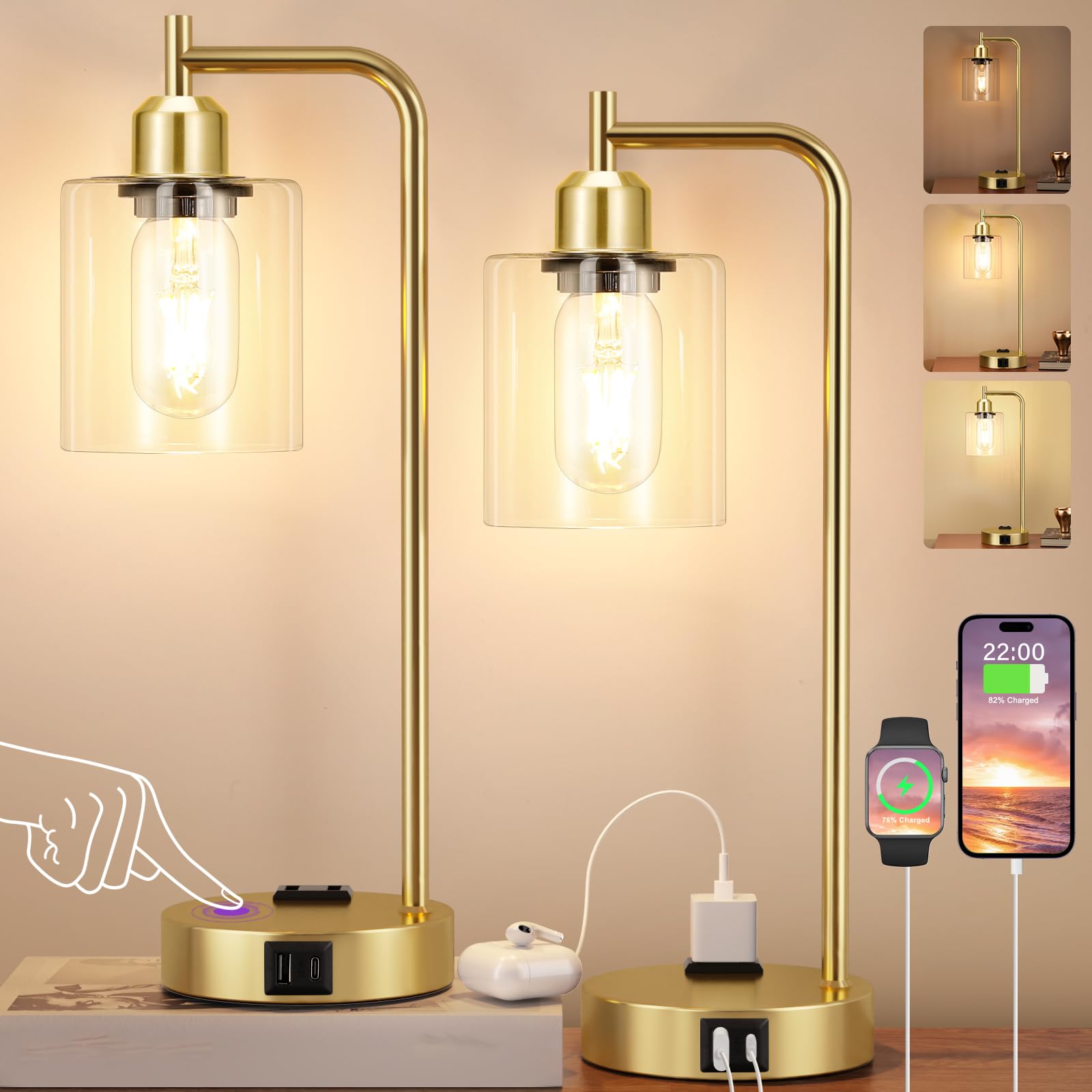 Innqoo Industrial Gold Table Lamps For Bedrooms Set Of 2-3-Way Dimmable Desk Lamp With Usb C+A Ports And Outlet, Gold Lamps With Clear Glass Shade For Living Room, Desk Lamps For Home Office