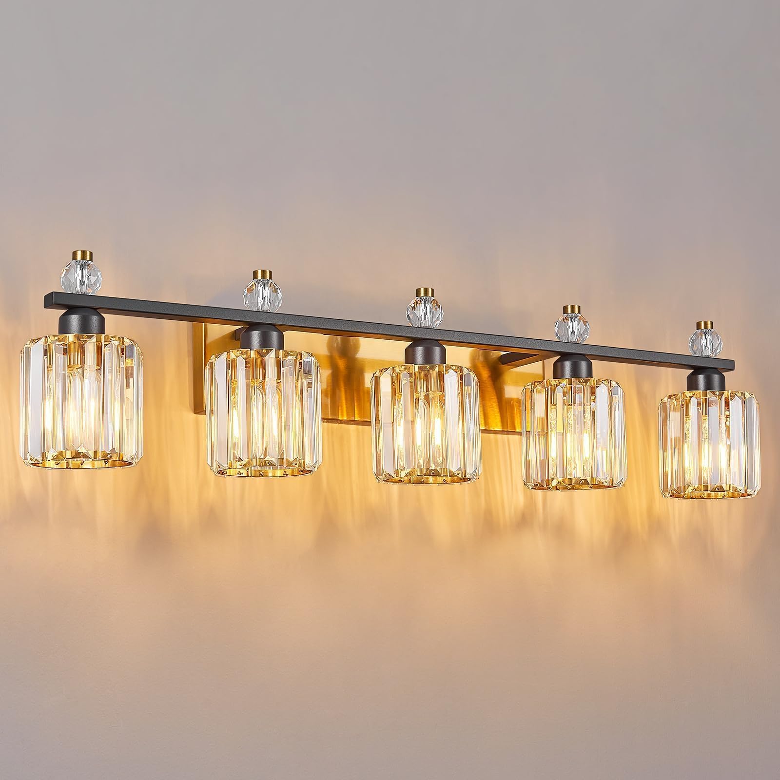 FDPBY 5-Light Black Gold Crystal Bathroom Vanity Light Fixtures Model 291 Metal Over Mirror