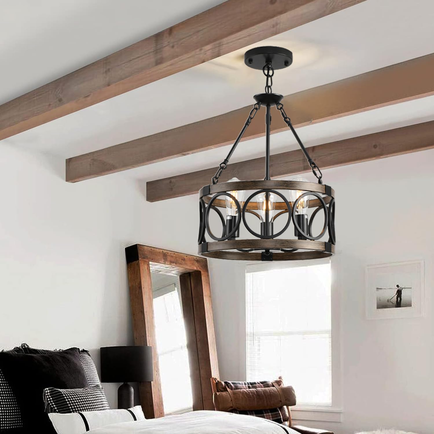 Shiandar 3-Light Black Flush Mount Ceiling Light For Kitchen Island,Black Light Fixture Flush Mount Industrial Close To Ceiling Lighting,Farmhouse Chandelier For Dining Room