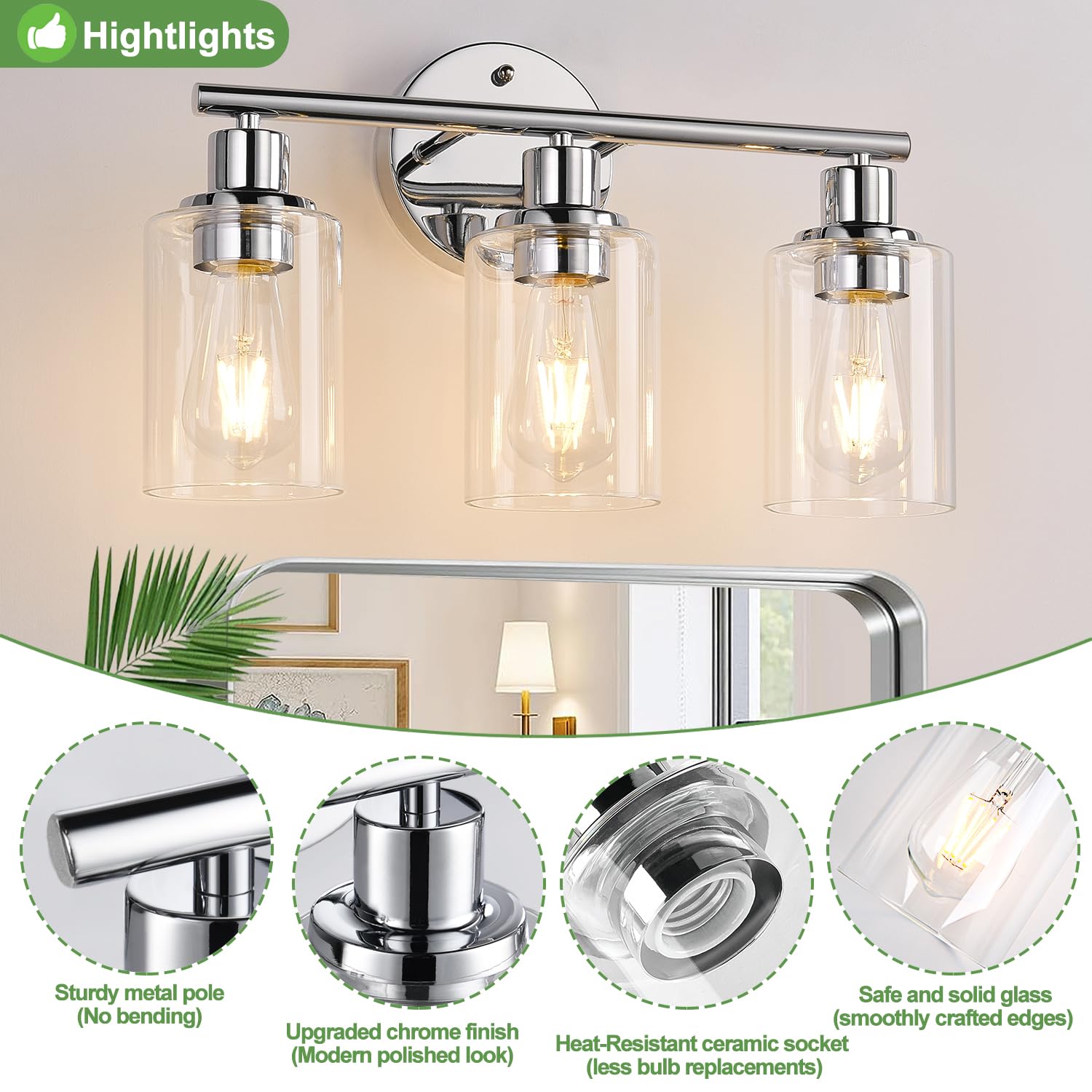 3-Light Bathroom Light Fixtures, Chrome Bathroom Wall Light With Clear Glass Shade, Bathroom Wall Lamp For Mirror Kitchen Living