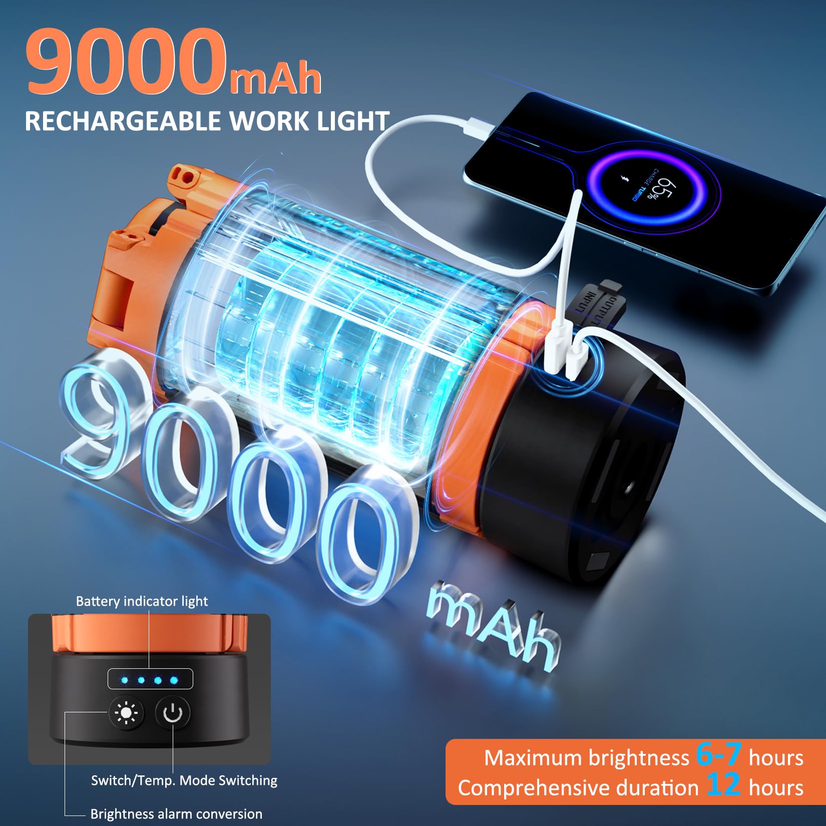 mlogiroa Rechargeable Work Light - 2500LM, 9000MAH, Aluminum, Orange, Stand 73in, Model 13278161-71b4-40e1