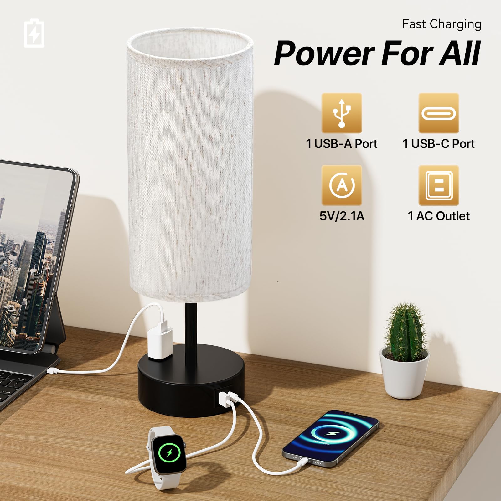 KPQ Touch Control Table Lamp with USB A+C Ports, 3-Way Dimmable, 14in Small Size, Beige Shade-Black Base