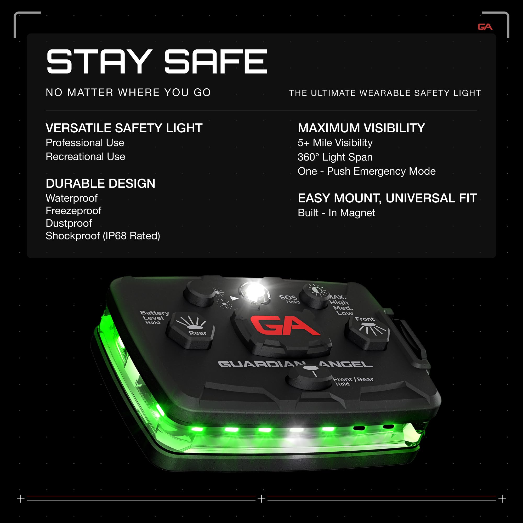 Guardian Angel Elite Series Safety Light, Beacon Device (Green Front & Green Rear) Rechargeable, Magnetic, Hands-Free Wearable,