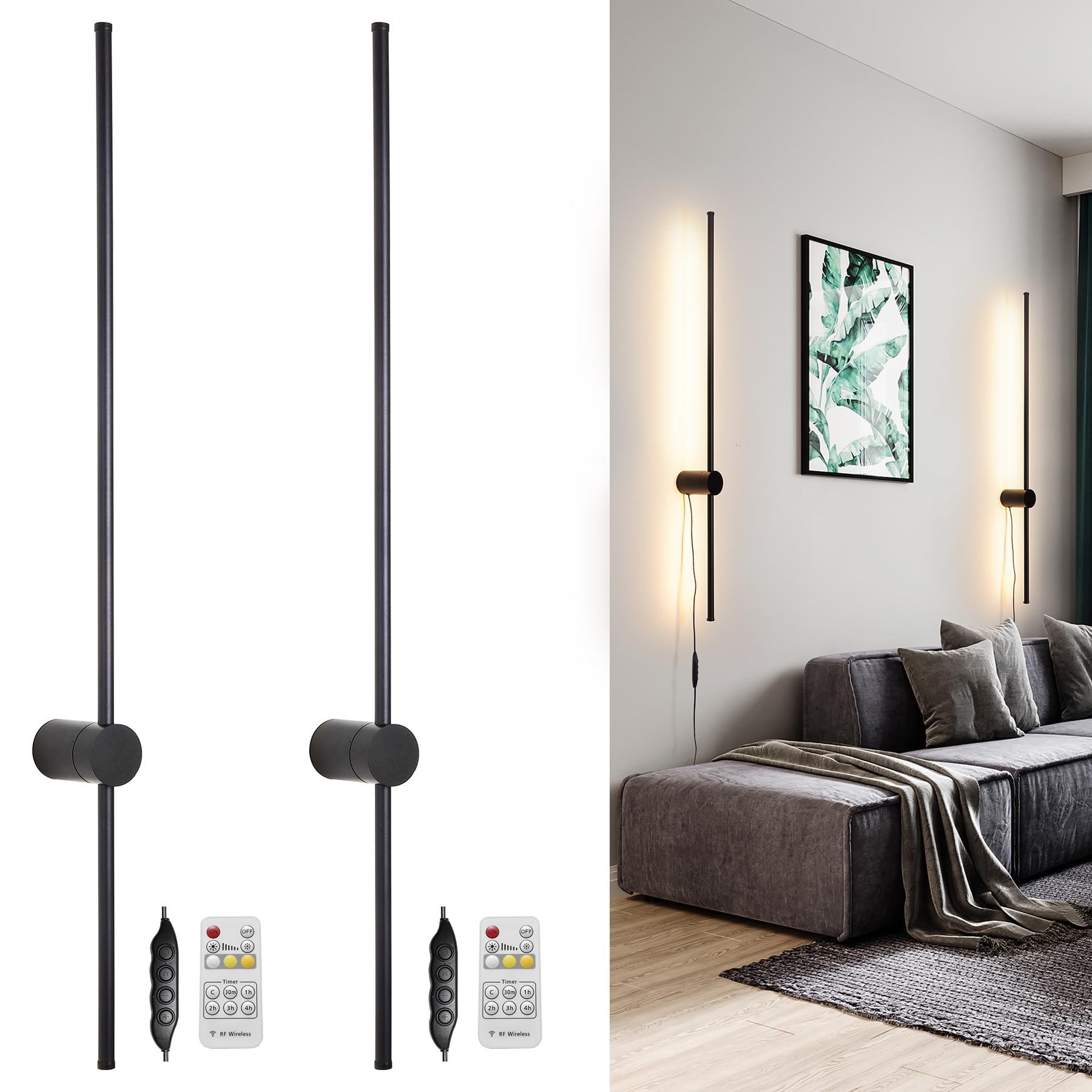 Ditoon RC Dimmable Modern Plug in Wall Sconce Set of Two LED Black Wall Lights with Dimmer 39.4 inches Wall Lamp with Memory Fun