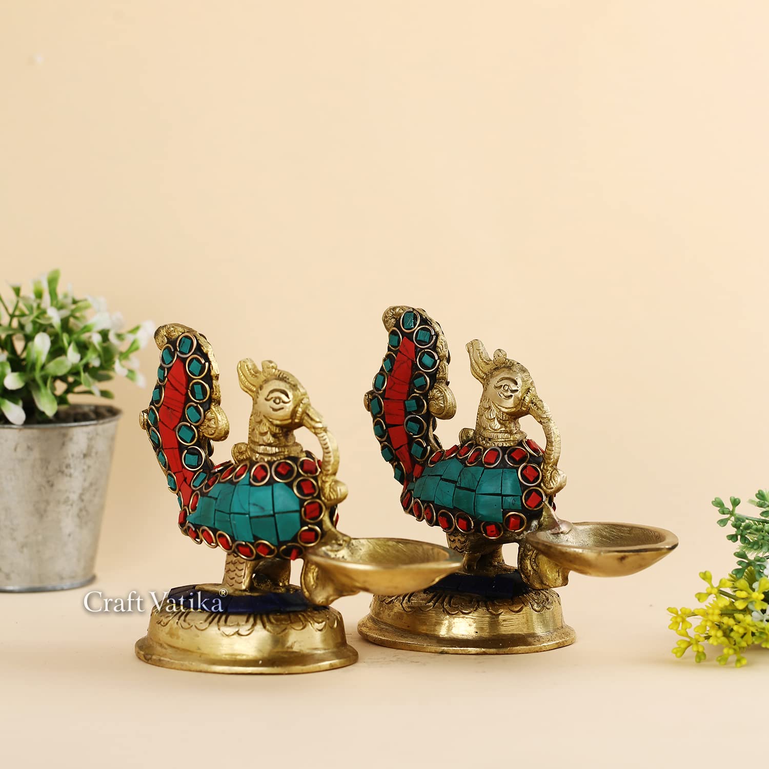 Collectible India Brass Diya Oil Lamp Stand Holder, 4 Inches Height, Multicolour