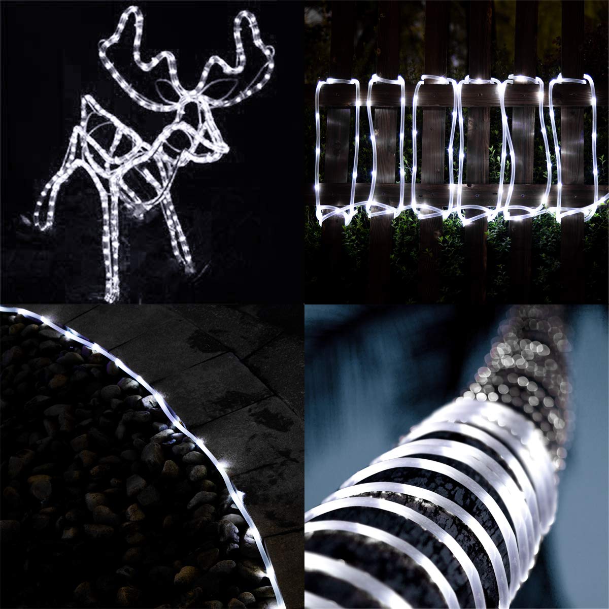 GIGALUMI Solar Rope Lights, 100 LEDs, 35.7 FT, 8 Modes, Waterproof, Cool White, Model 6958