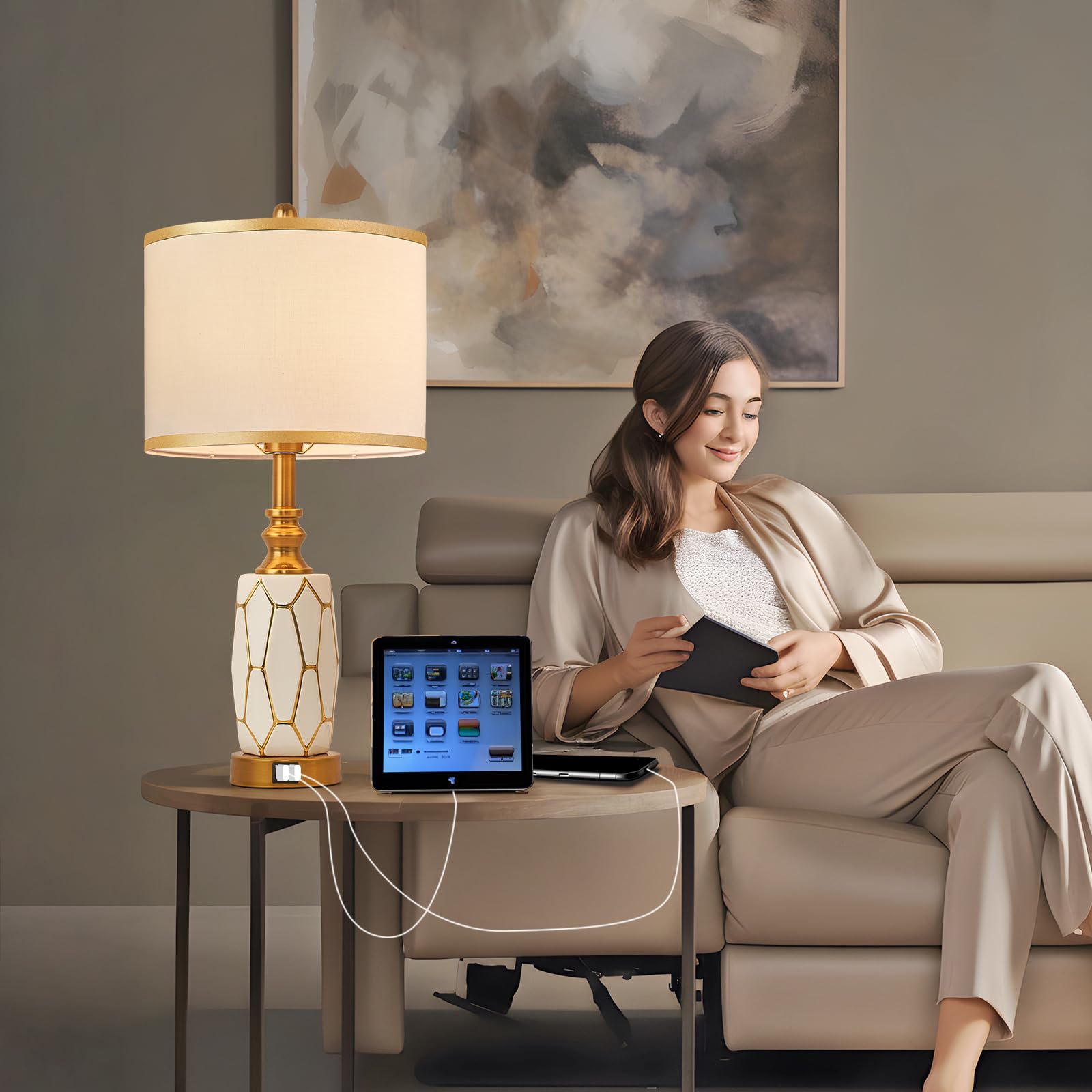 Workluurop Set Of 2 Touch Control Table Lamps, Modern Ceramic With Usb Ports, White & Gold