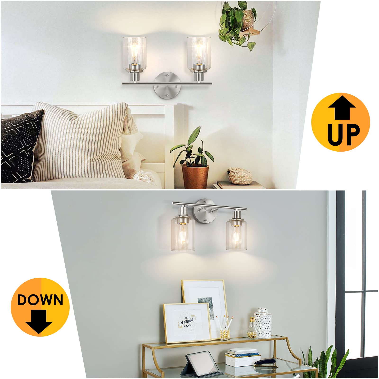 Folksmate Bathroom Light Fixtures, 2-Light Brushed Nickel Vanity Light, Silver Wall Sconce Lighting, Modern Bath Wall Mounted Li