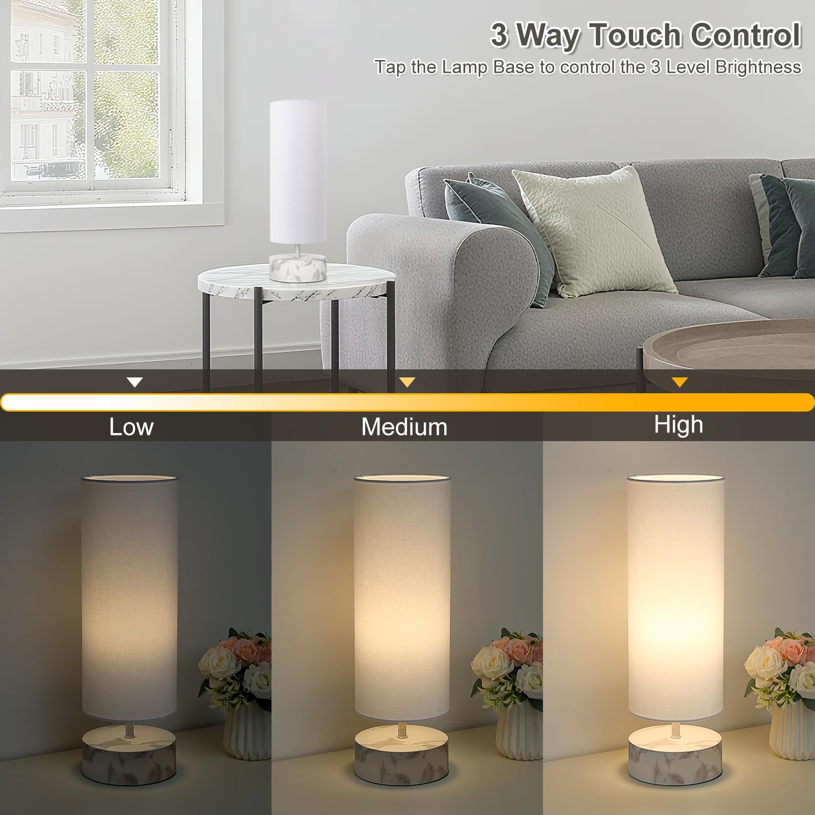 Seaside Village Touch Table Lamp - 3 Way Dimmable, Metal Base with White Marble, 5.51x5.51x17.52 in, White Shade, LED Bulb Included