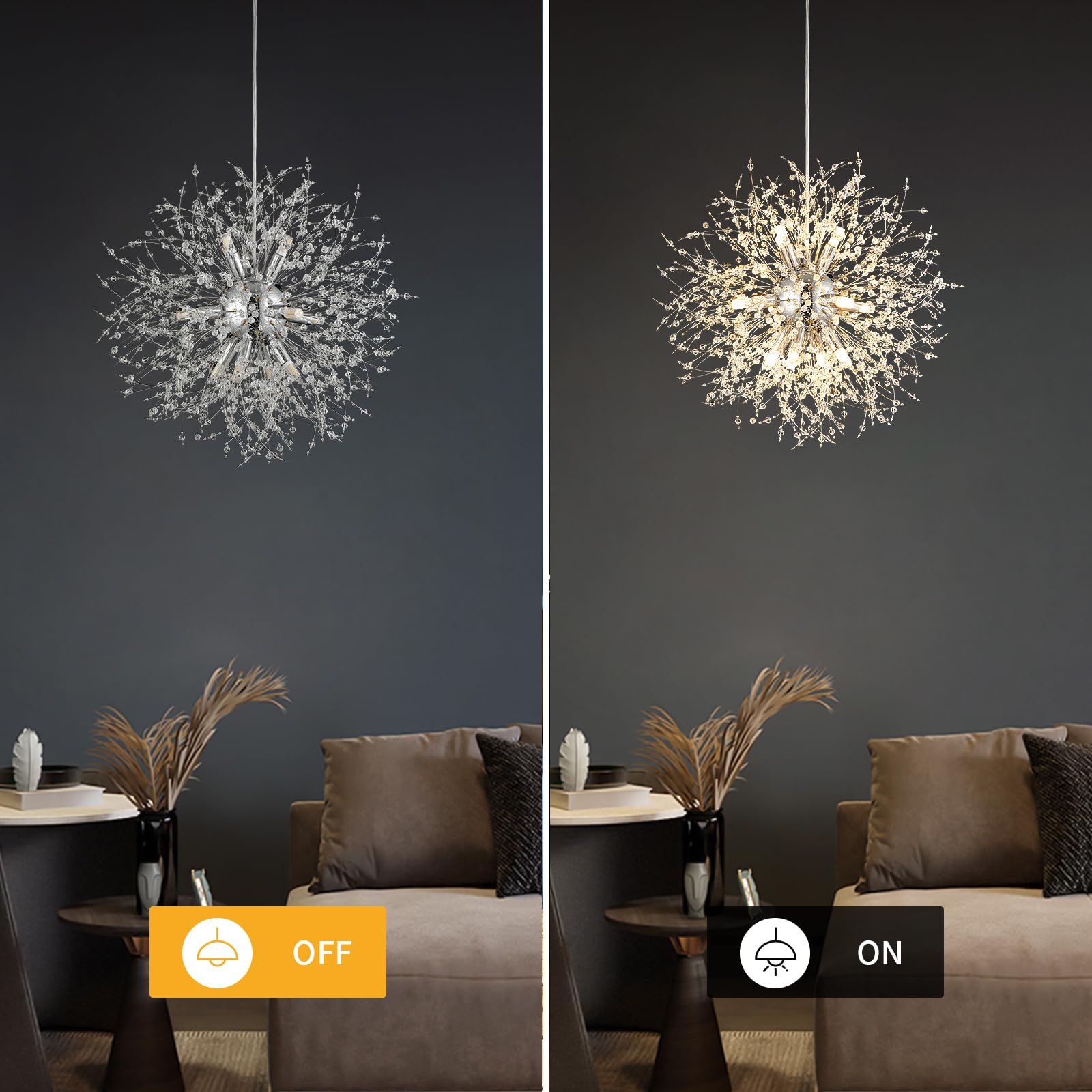 Foucasal 12-Light Crystal Pendant Light Modern Dandelion Sputnik Chandelier Chrome Firework Ceiling Lighting Fixture For Dining