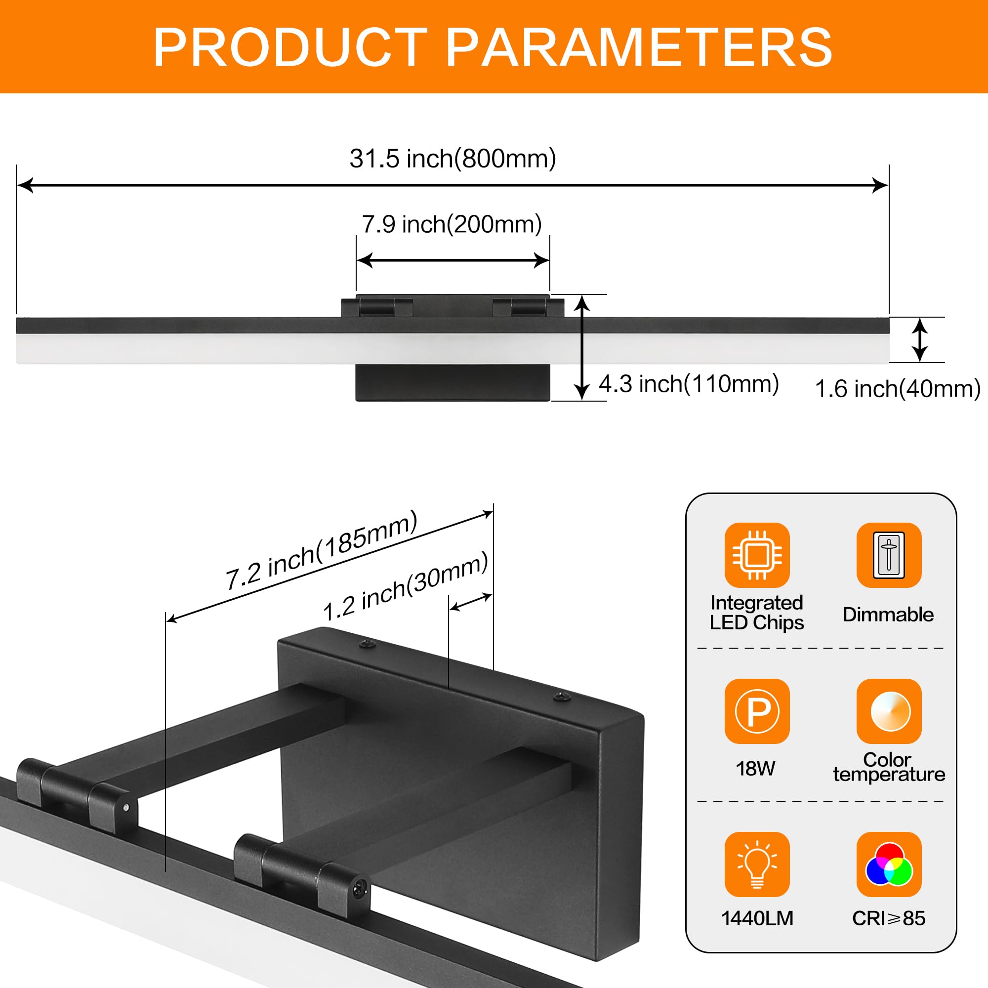 Solfart Adjustable Led Bathroom Vanity Light 31.5 Black Aluminum Over Mirror, App Control, Brightness & Color Adjustable
