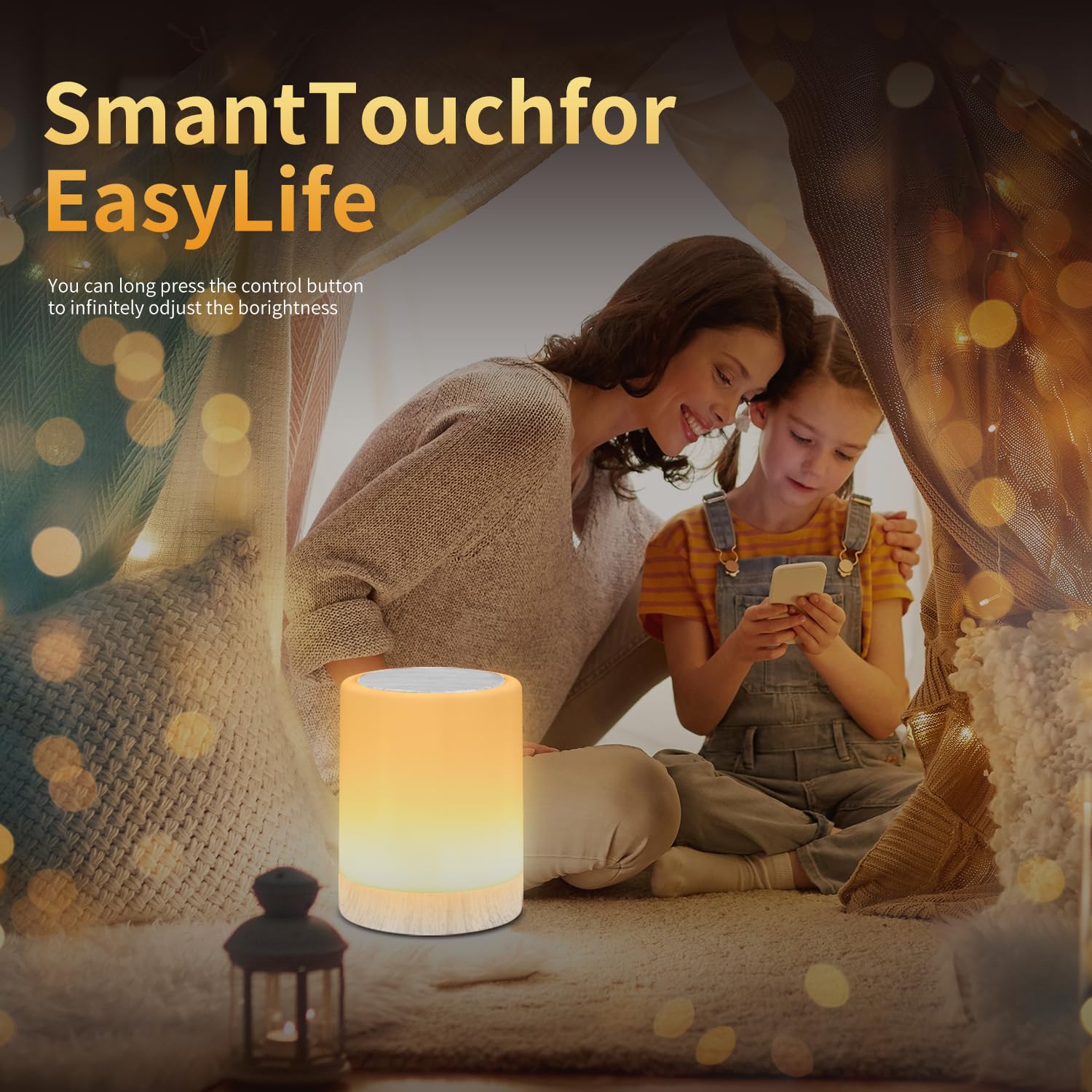 OORUN Touch Bedside Table Lamp with 13 RGB Colors, 5 Brightness Levels, USB Rechargeable, Wood Grain Beige, Model F8, 3.74inD x 3.