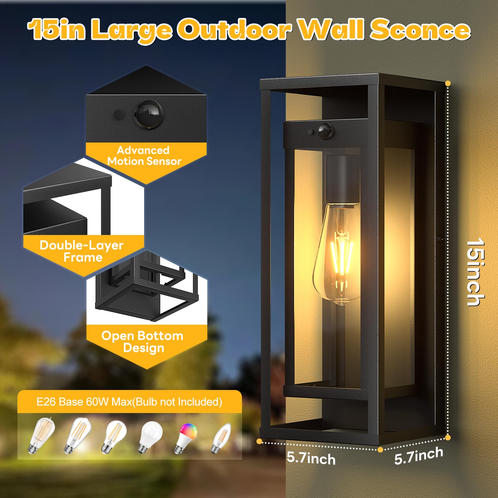 SIAFAVOI 15in Motion Sensor Outdoor Wall Sconce, Black Waterproof Metal Lantern for Porch, Coach, and Patio – Modern Design