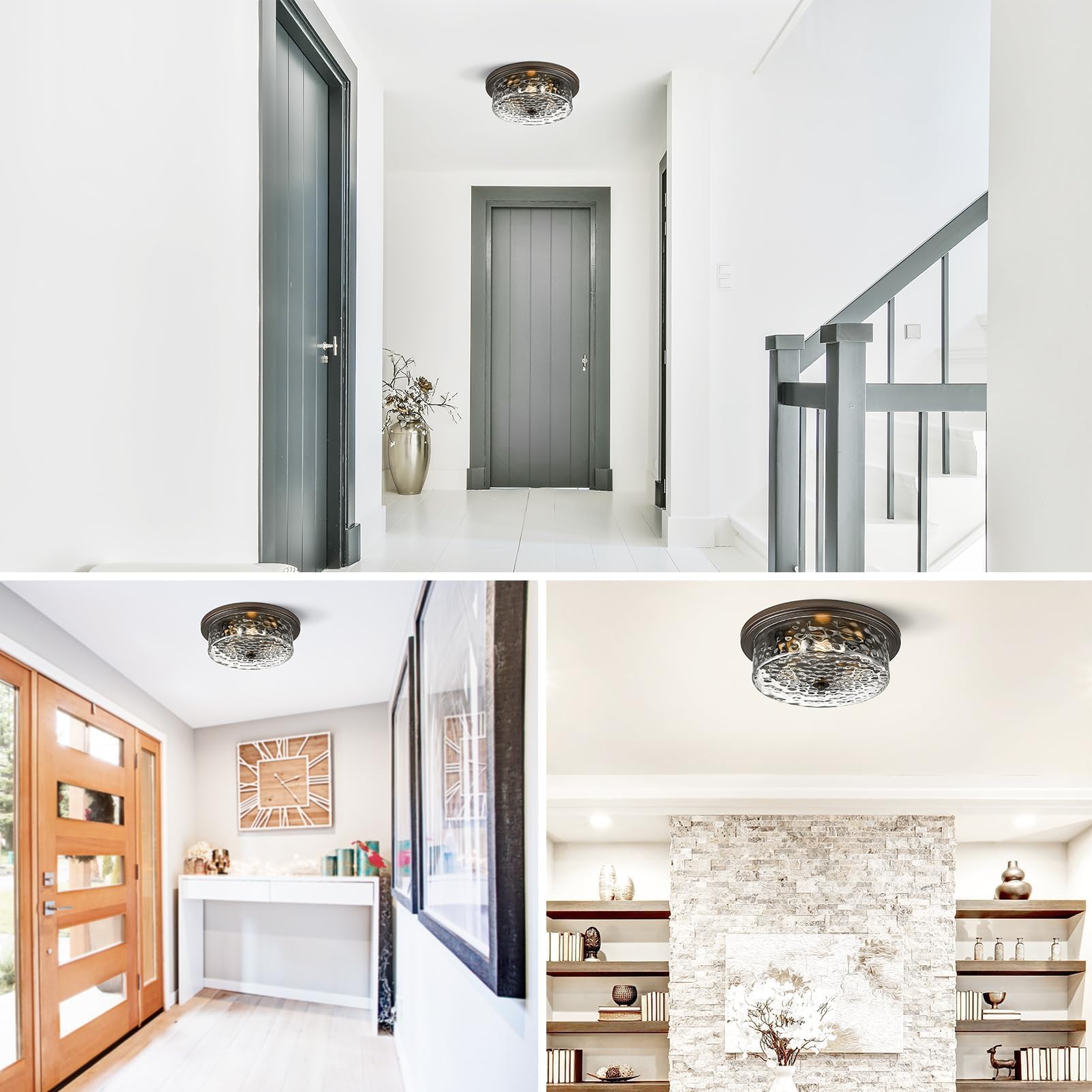 Odeums 16&quot; Oil-Rubbed Bronze Industrial Flush Mount Ceiling Light, 3-Light Hammered Glass Fixture