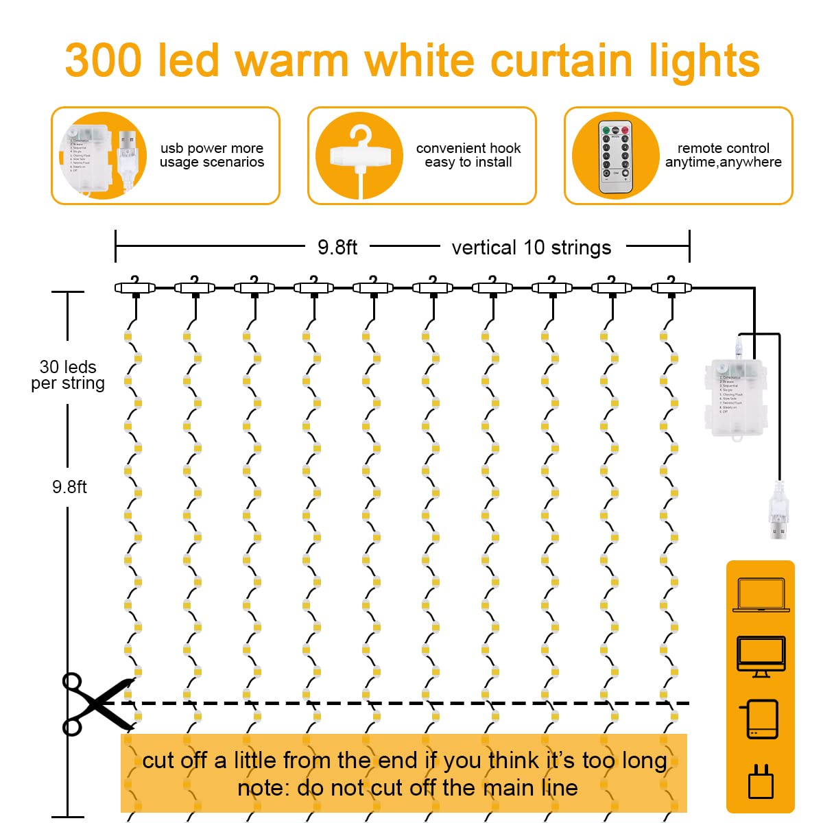 Vicloon Fairy Curtain Lights, 300 LED, 8 Modes, 9.8x9.8Ft, Waterproof, USB & Battery Powered, White 2 in 1, Model