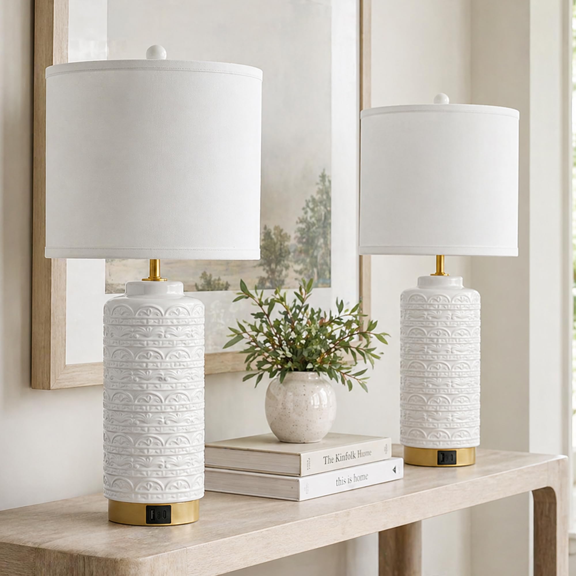 Set of 2 White Ceramic Table Lamps for Living Room, 25 Modern Bedside Lamps with Linen Shades and Dual USB Ports, Neutral Accent