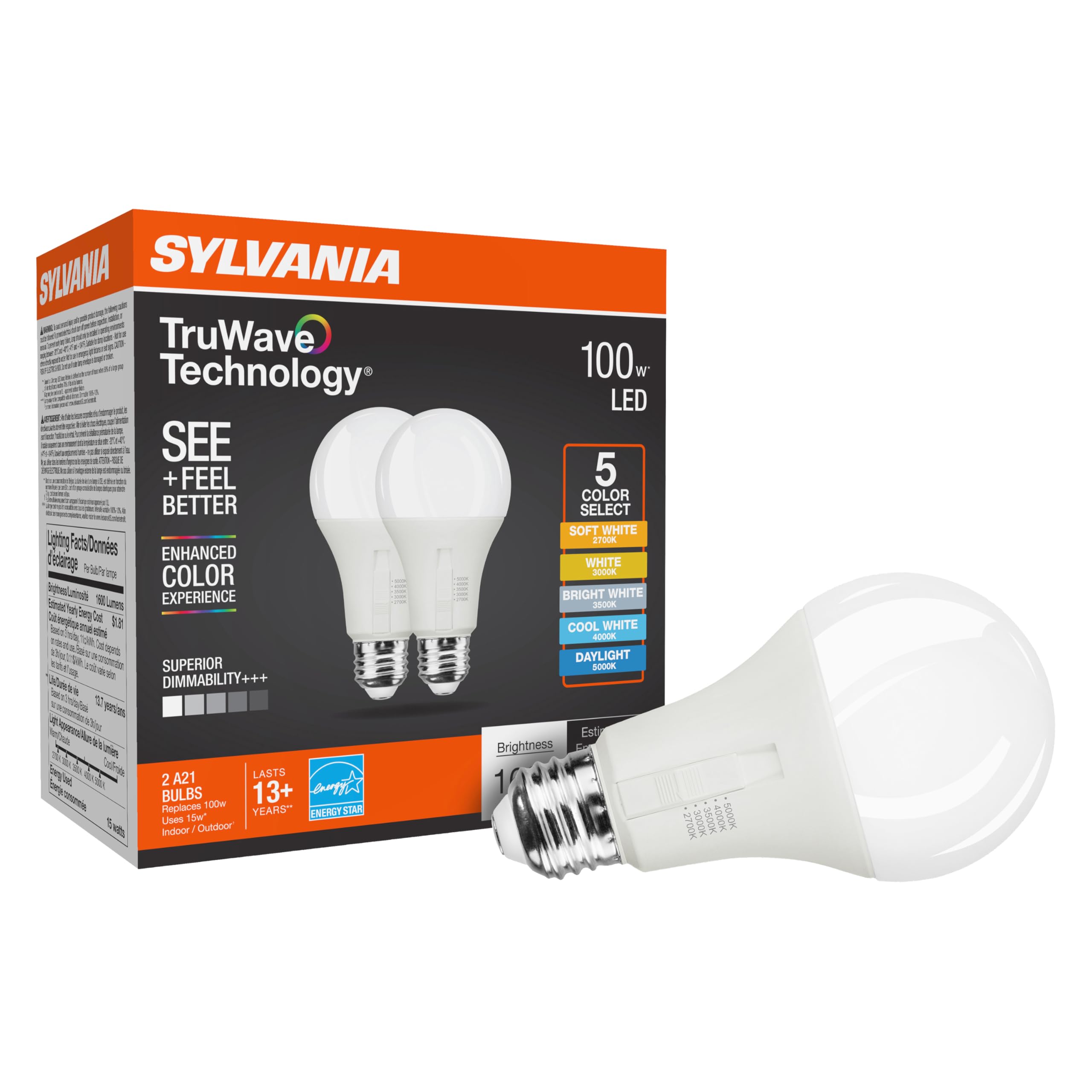 Ledvance Sylvania Truwave A21 Led Light Bulb, 15W = 100W, 5 Cct Select 2700/3000 / 3500/4000 / 5000K, Dimmable, 1600 Lms, Froste