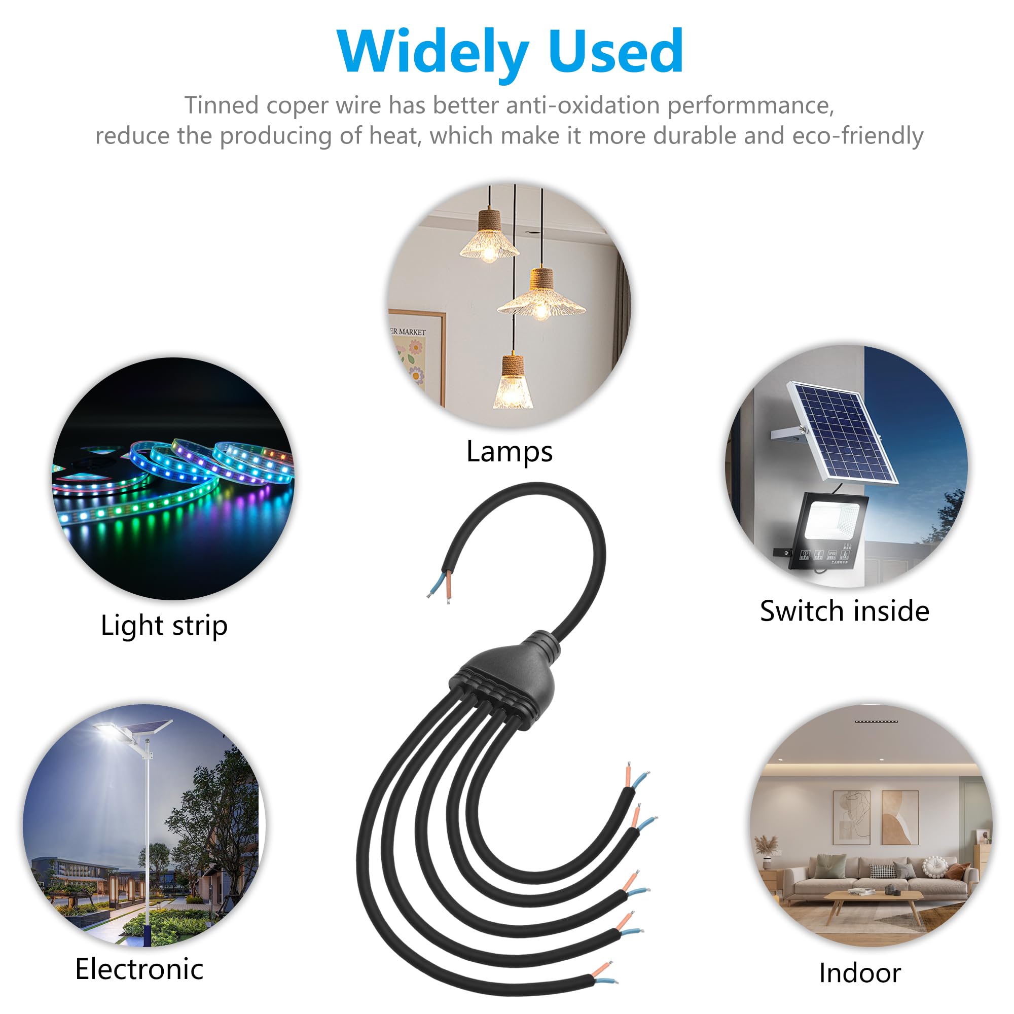 Sinloon 2 Wire 1 To 5 Splitter Pigtail Cable Outdoor Led Connector Splitter 17Awg Pre-Tinned Pigtail Extension Cable For Indoor/
