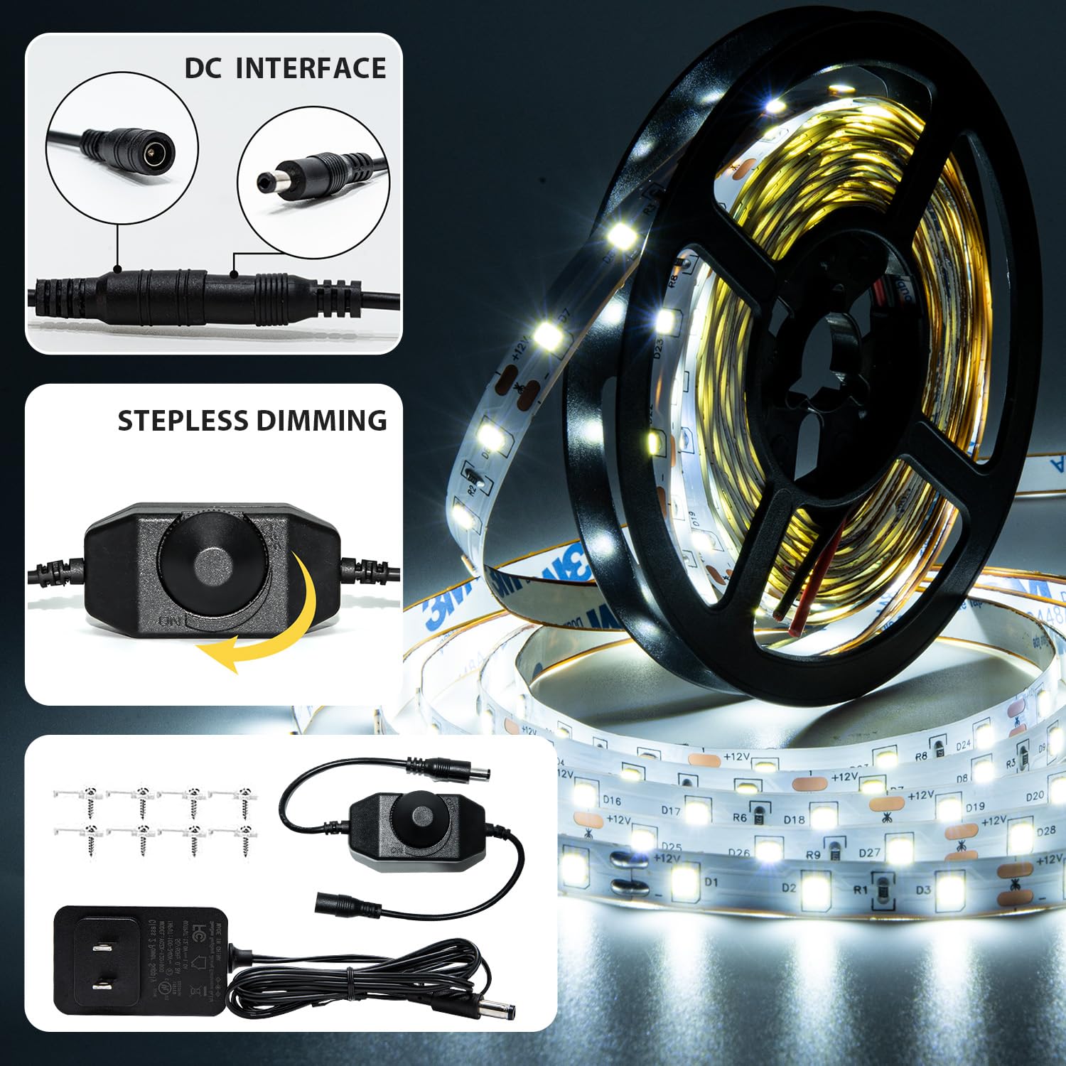 ollrieu LED Strip Lights 10ft White Dimmable Tape Lighting, SMD 2835, Infrared Remote, Connectable, Cuttable, Indoor Use
