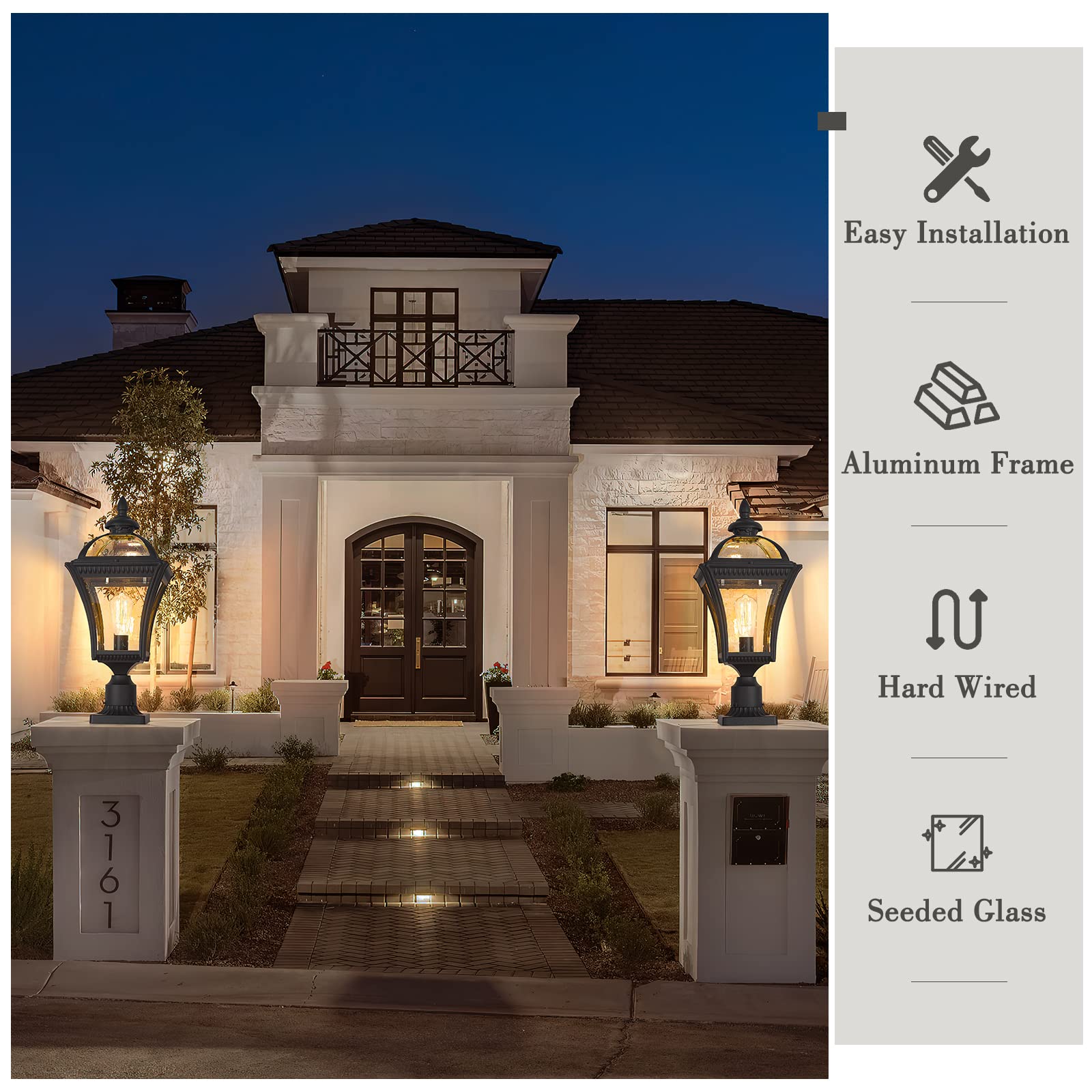 Emliviar 22 Inch Outdoor Post Light, Farmhouse Vintage Outside Pole Light For Yard, Aluminum With Seeded Glass, Black Finish, Xe