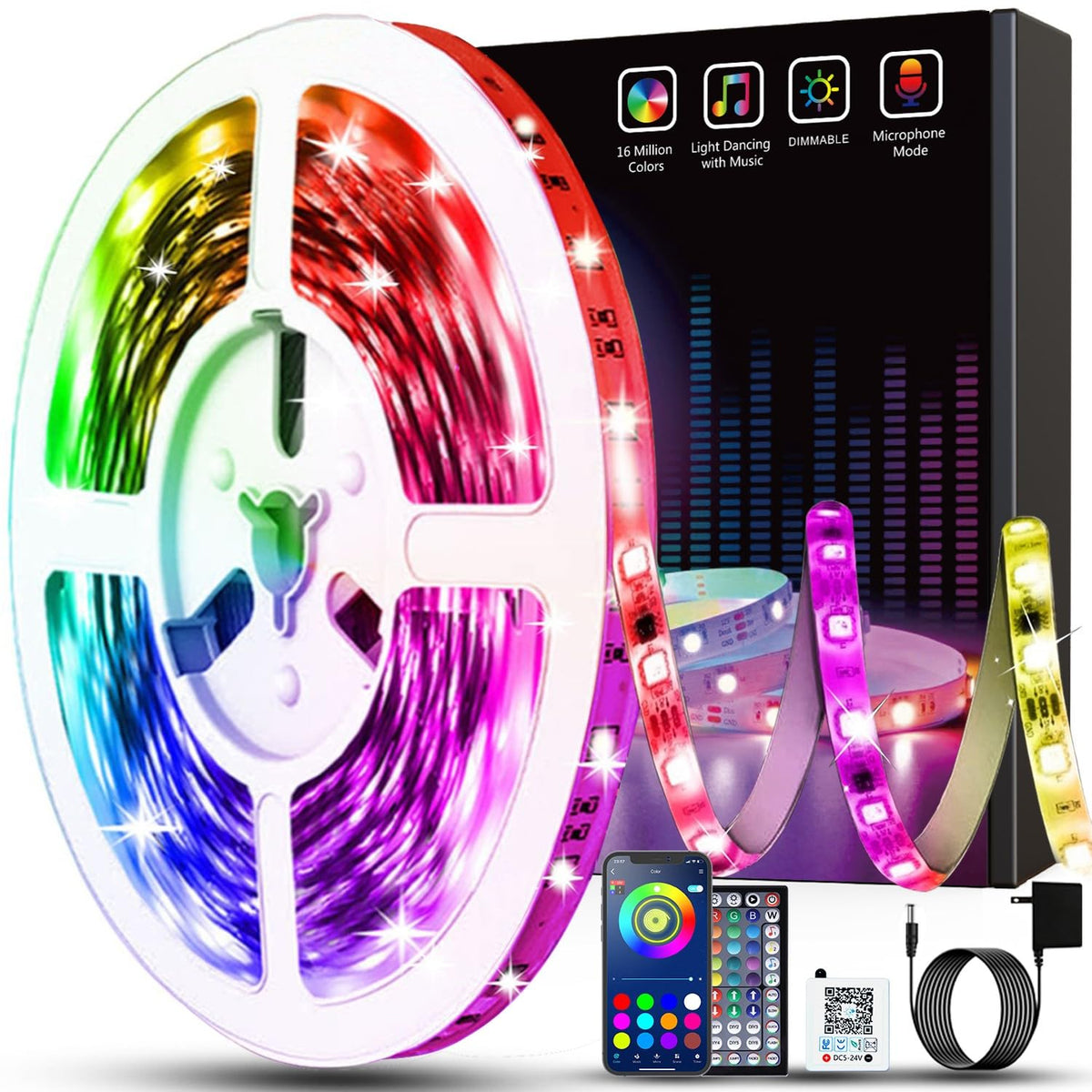 Keepsmile 50Ft Led Lights For Bedroom, Bluetooth Smart App Control Rgb Color Changing Led Strip Lights With Remote Control And P