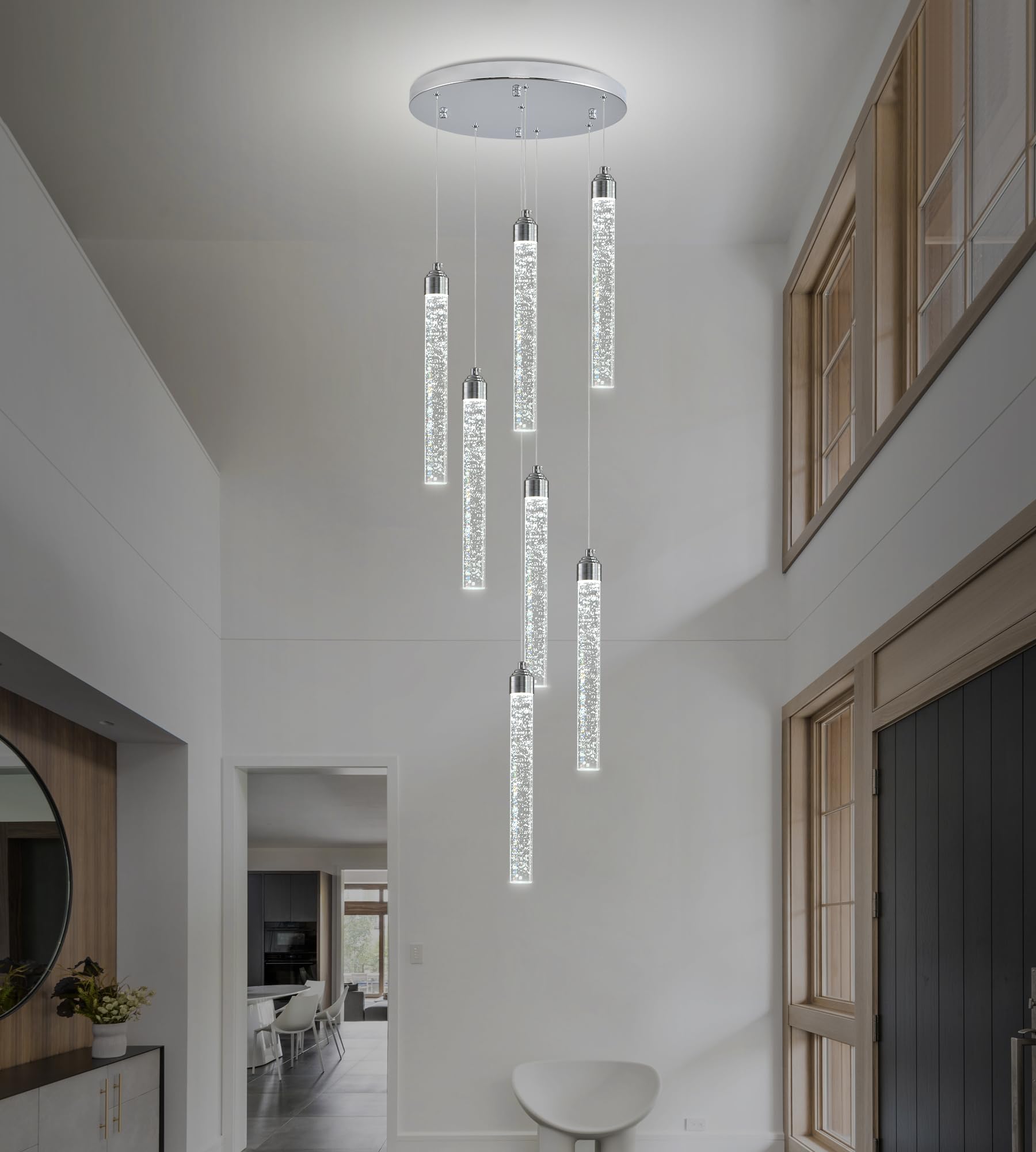 7-Lights High Ceiling Crystal Staircase Chandelier Chrome Pendant Lights Modern Spiral Raindrop Dimmable LED Bubble Cluster Ceil