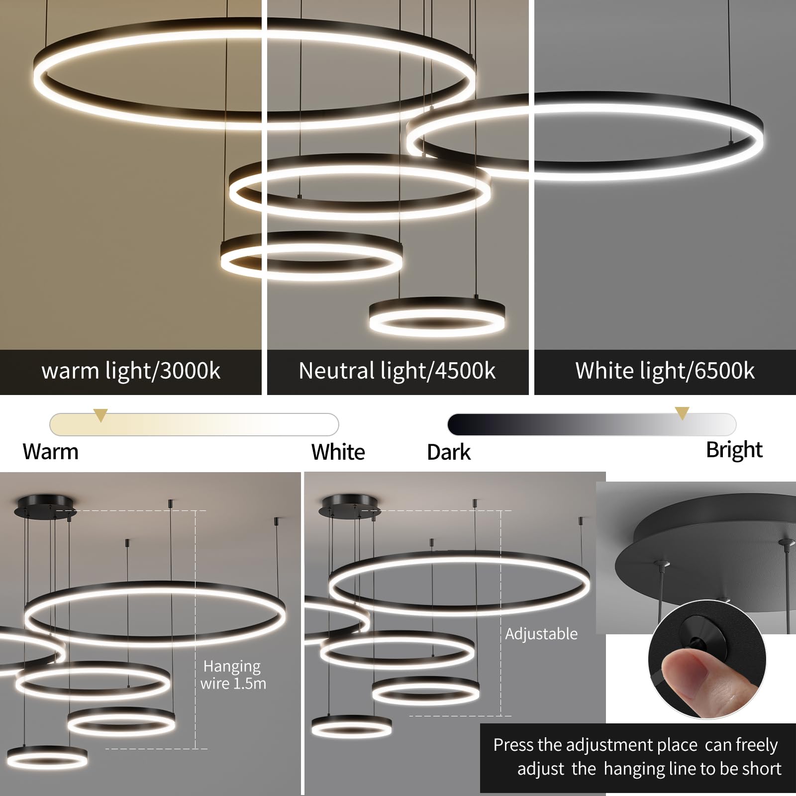 Matven Modern Ceiling Chandelier Light, Dimmable 3 Color Mode, Remote Control, 11.8-39.3in, Black, Model KD-YX