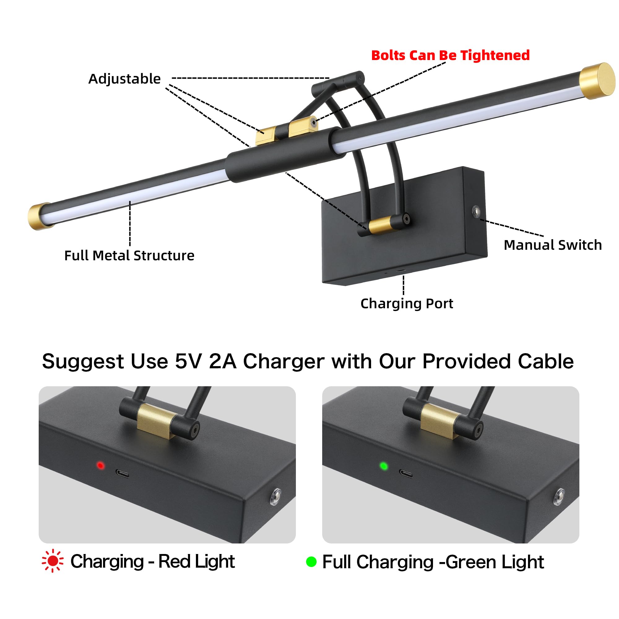 24 Picture Lights For Wall Battery Operated  Wireless Picture Lights With Remote  Rechargeable Wall Light 3000K/4000K/6000K Dimmable  Art Lighting For discomfort-reducingtings Frame Gallery Dartboard  Black Gold