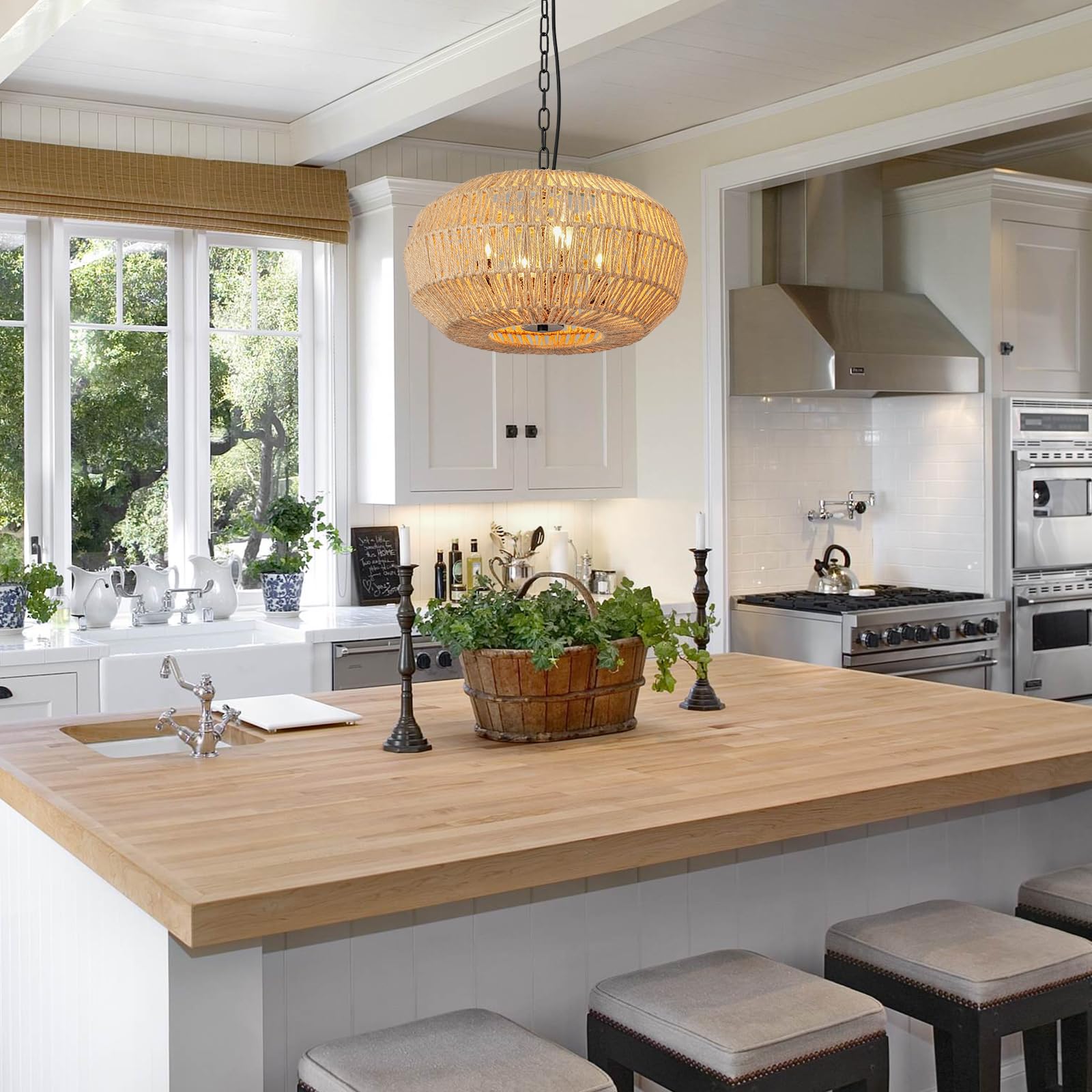 Foucasal 4-Light Boho Rattan Pendant Light - Large Hand Woven Chandelier For Dining Room, Brown