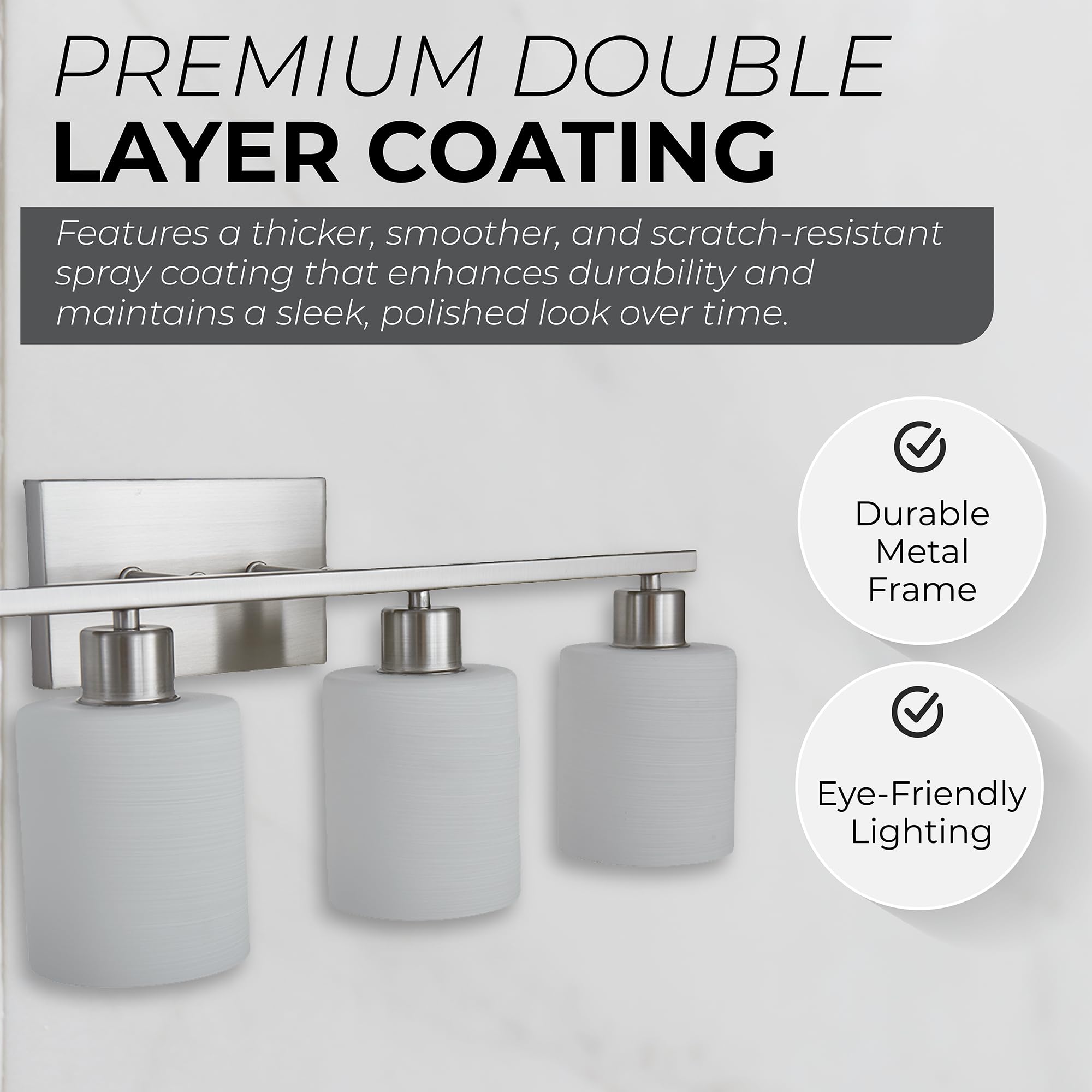 The Door Bull Modern Bathroom Vanity Light, Brushed Nickel, 4 Lights, Milky White Glass Shades, Model VNT-1000
