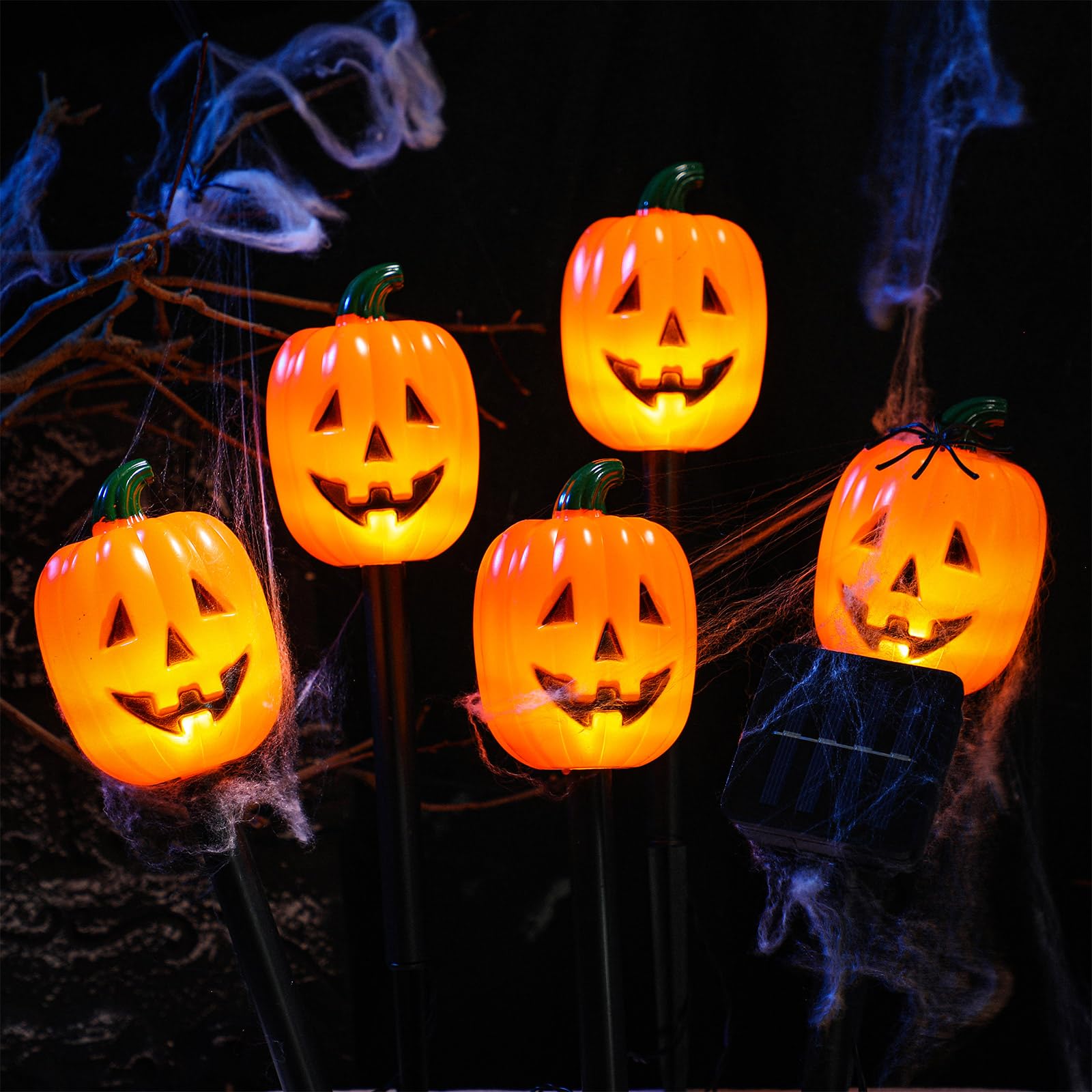 Retisee 10 Pcs Halloween Pumpkin Pathway Markers Lights Solar Powered Pathway String Lights Light up Jack O Lantern Pumpkin Gard
