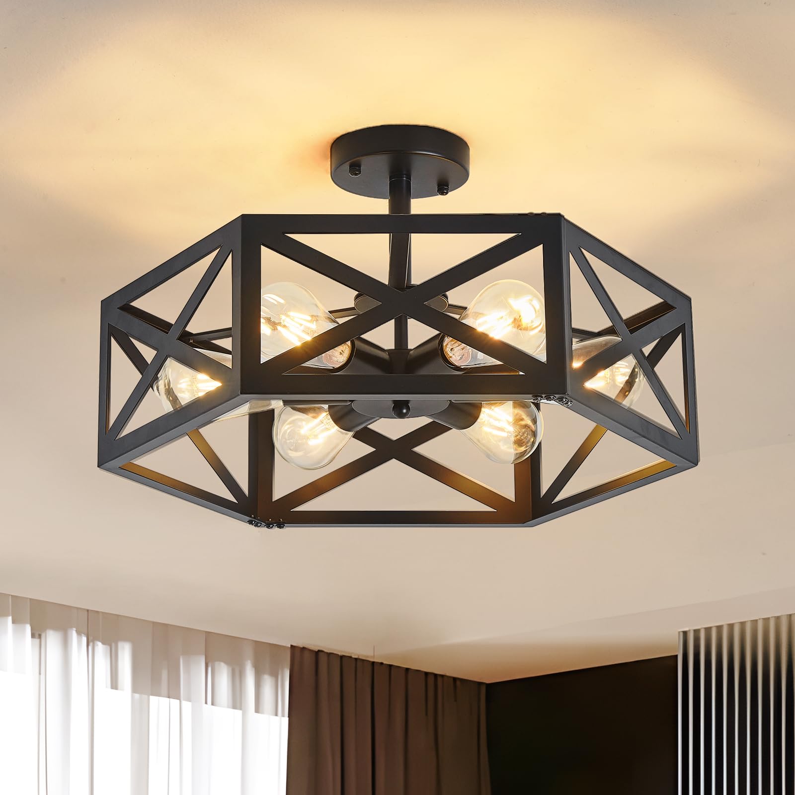 Oteedo Modern Semi Flush Mount Ceiling Light 19.7 6-Light Hexagon Flush Mount Ceiling Lights For Dining Room Light Fixture Farmhouse Black Metal Kitchen Island Lighting Fixtures For Hallway Bathroom