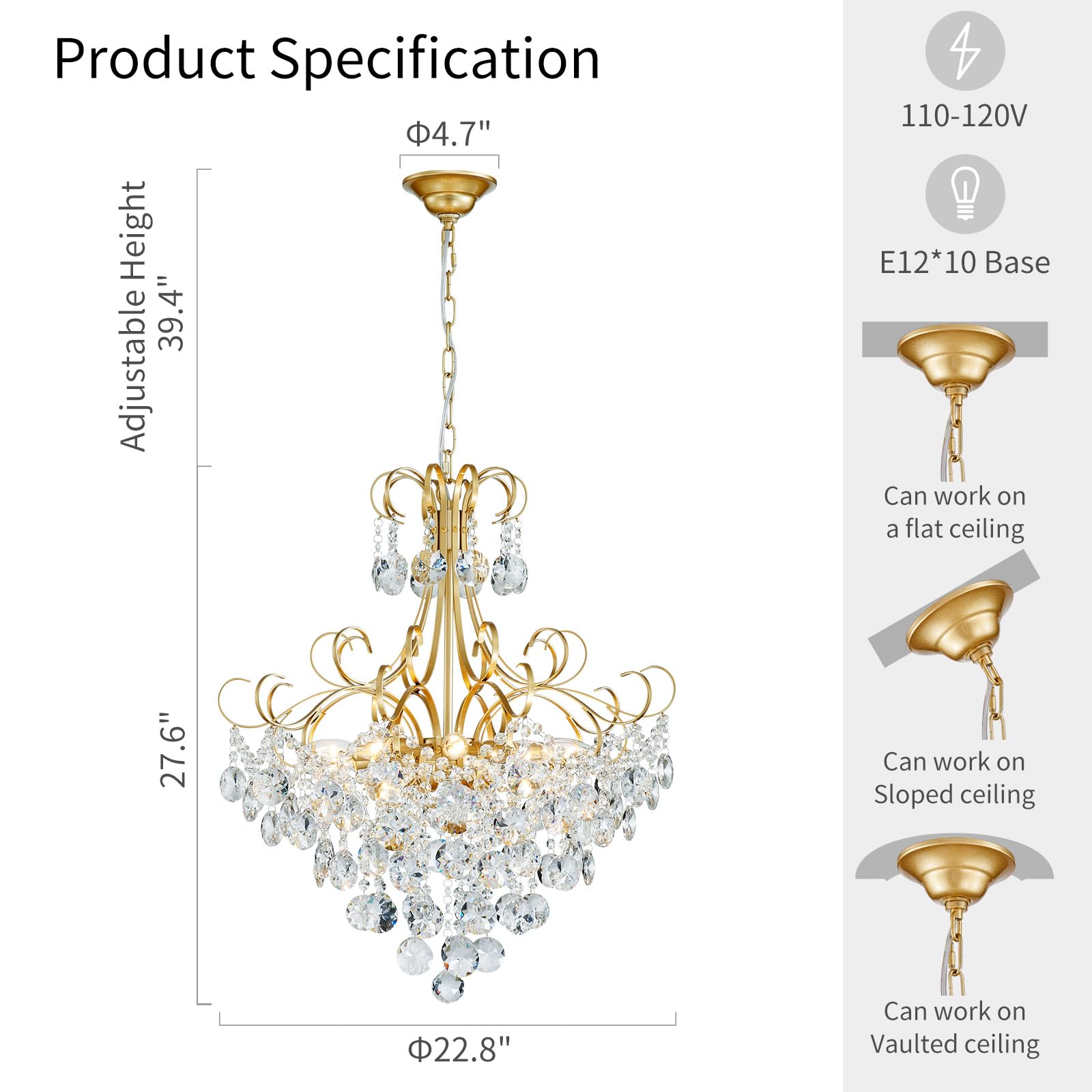 ANJIADENGSHI Crystal Chandelier, 10-Lights Gold Pendant Light, 28" High x 23" Wide, Modern K9 Crystal Fixture for Dining Room, Living Room, Bedroom
