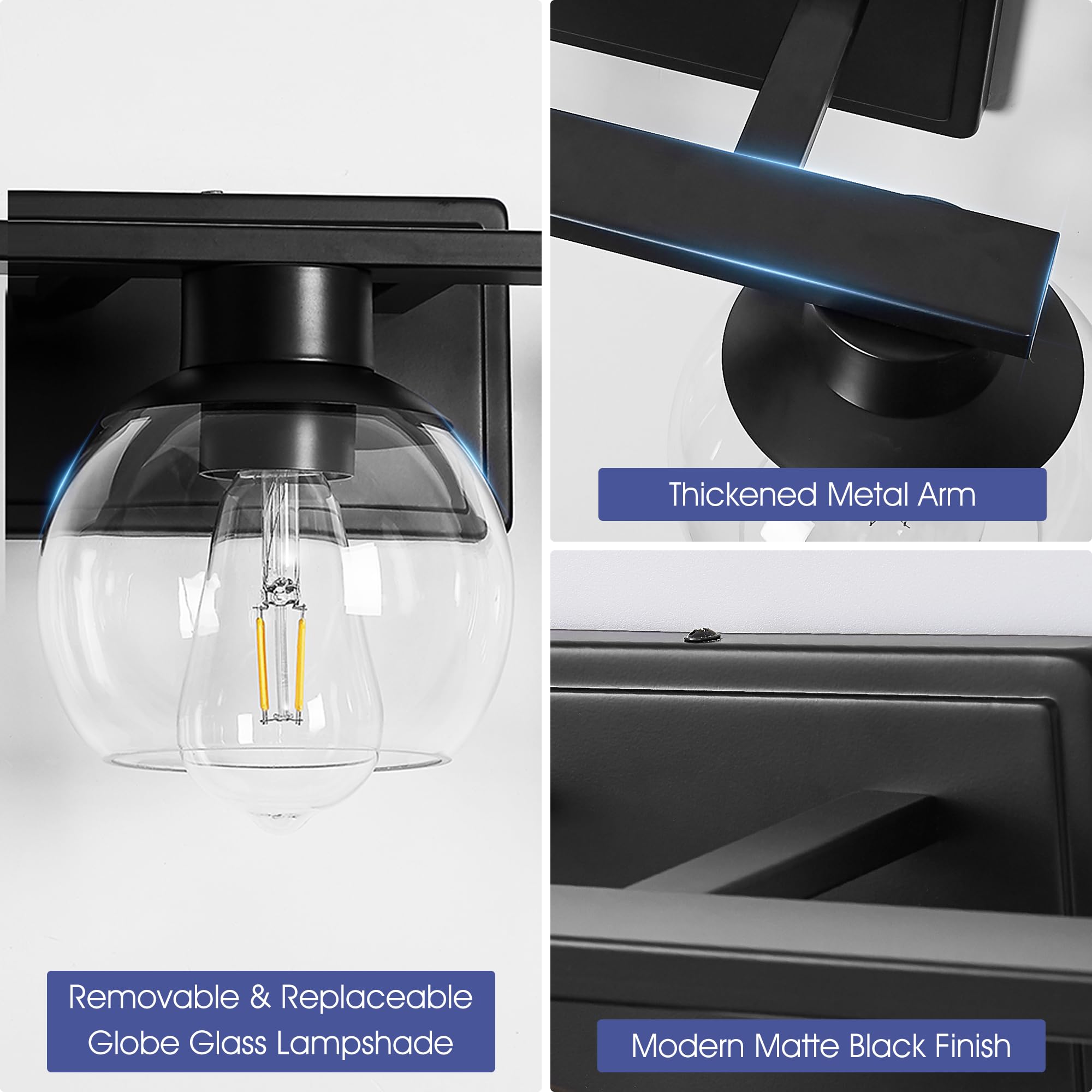 Pazala 2 Pack Black Wall Lights For Bedroom Modern Wall Sconces Set Of Two Lighting Fixtures Wired, Globe Glass Lamp, Wall Mount