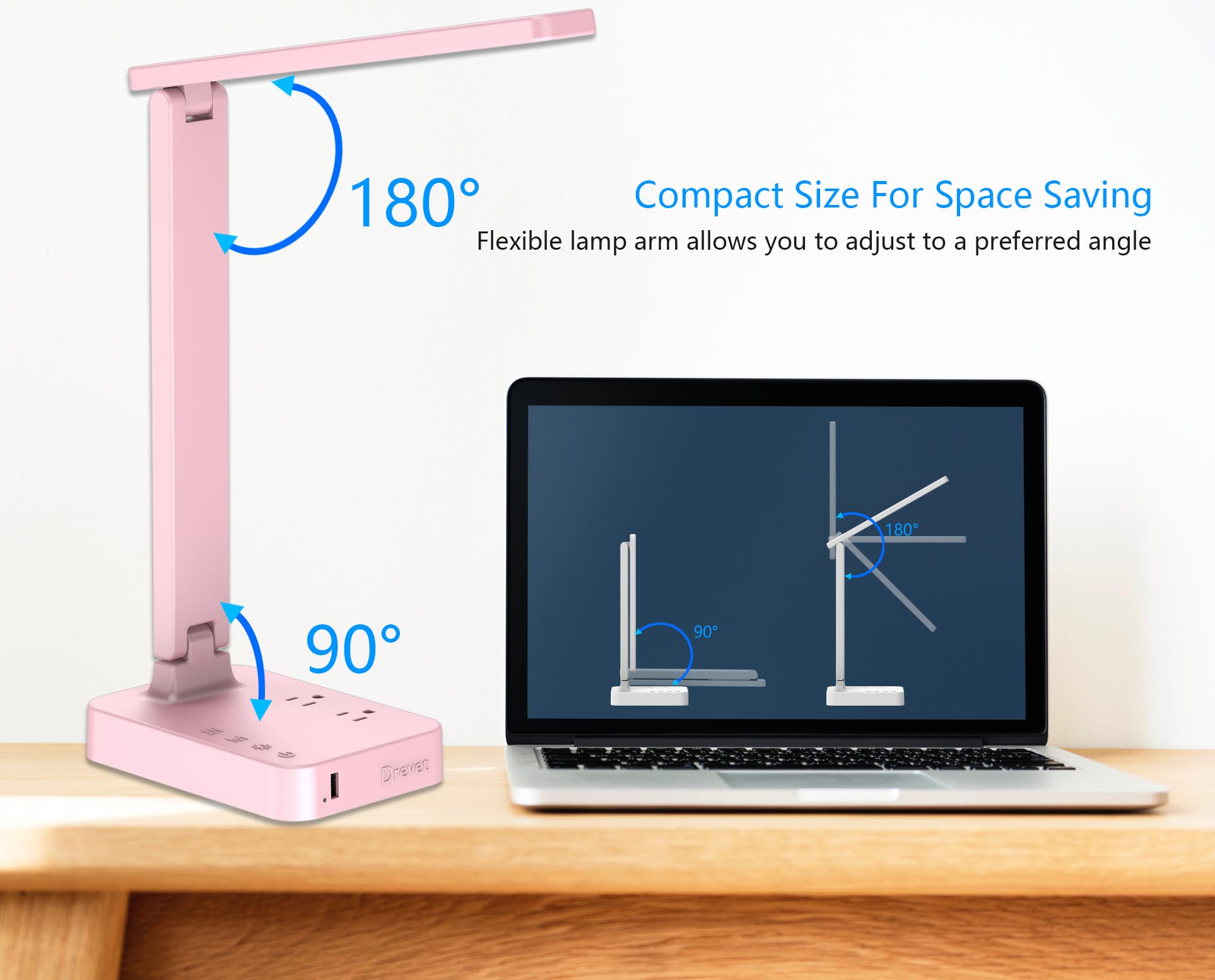 Drevet Led Desk Lamp, Desk Light With 1 Usb Charging Port And 2 Ac Power Outlet, 3 Lighting Modes, 3 Level Brightness,1H Timer,