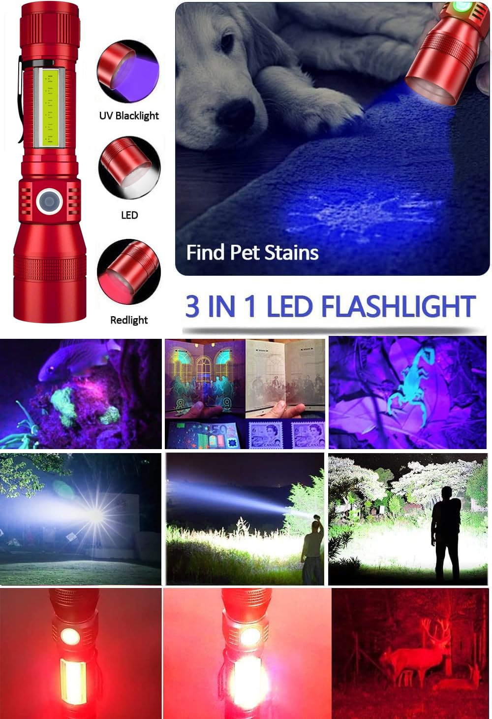Hoxida UV Flashlight Rechargeable 3-in-1 Tactical LED 1500 Lumen Zoomable Waterproof Red Model 016-1