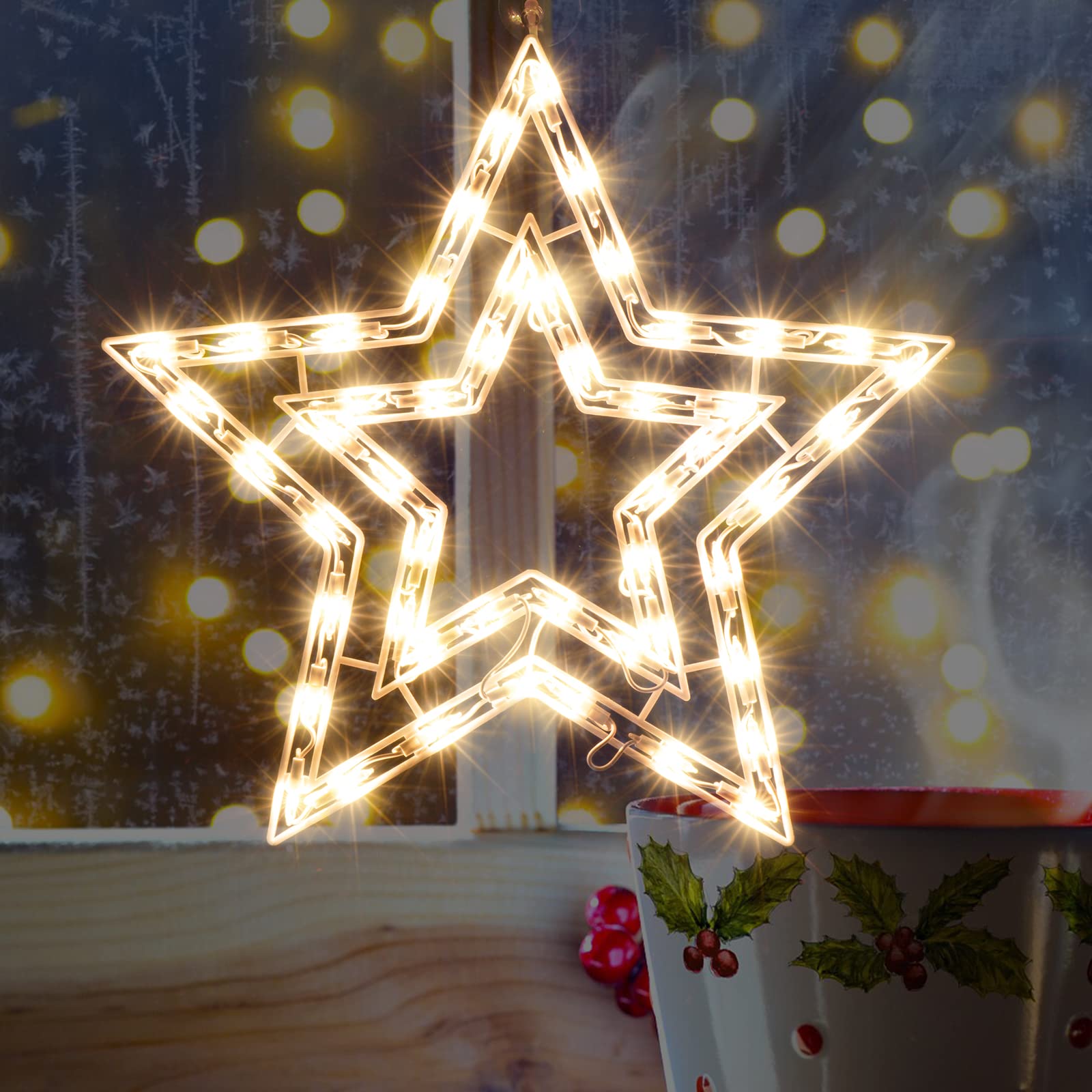 JUSTPRO Christmas Window Silhouette Lights, 50 Count Incandescent Mini Light, Double Sided Star Decor, 1-Pack, Copper