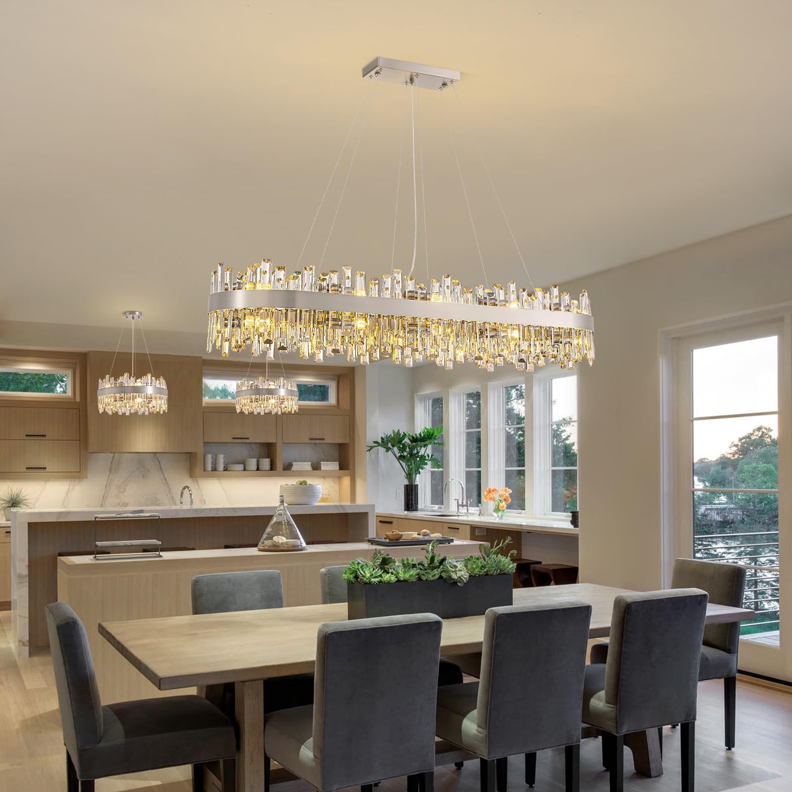 Siljoy 20-Light Modern Crystal Chandelier, Luxury Large Nickel 2-Tiers K9 Crystal Raindrop Ceiling Light, Rectangular Flush Moun
