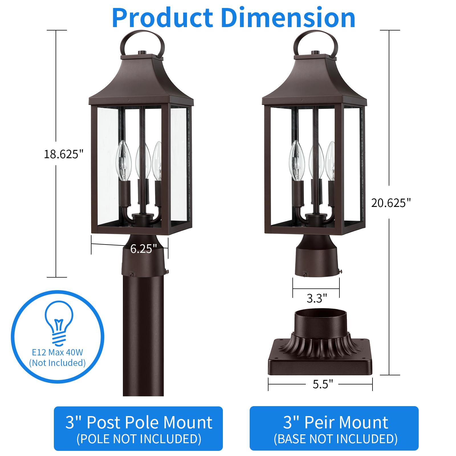 Myhxq 18.62 Post Light Outdoor  Large 3-Light Lamp Post Light Fixture  Modern Pillar Outside Lighting Waterproof Post Lantern Lamp Outdoor Post Light Fixtures Pole Lights For Porch  Brown  1 Pack