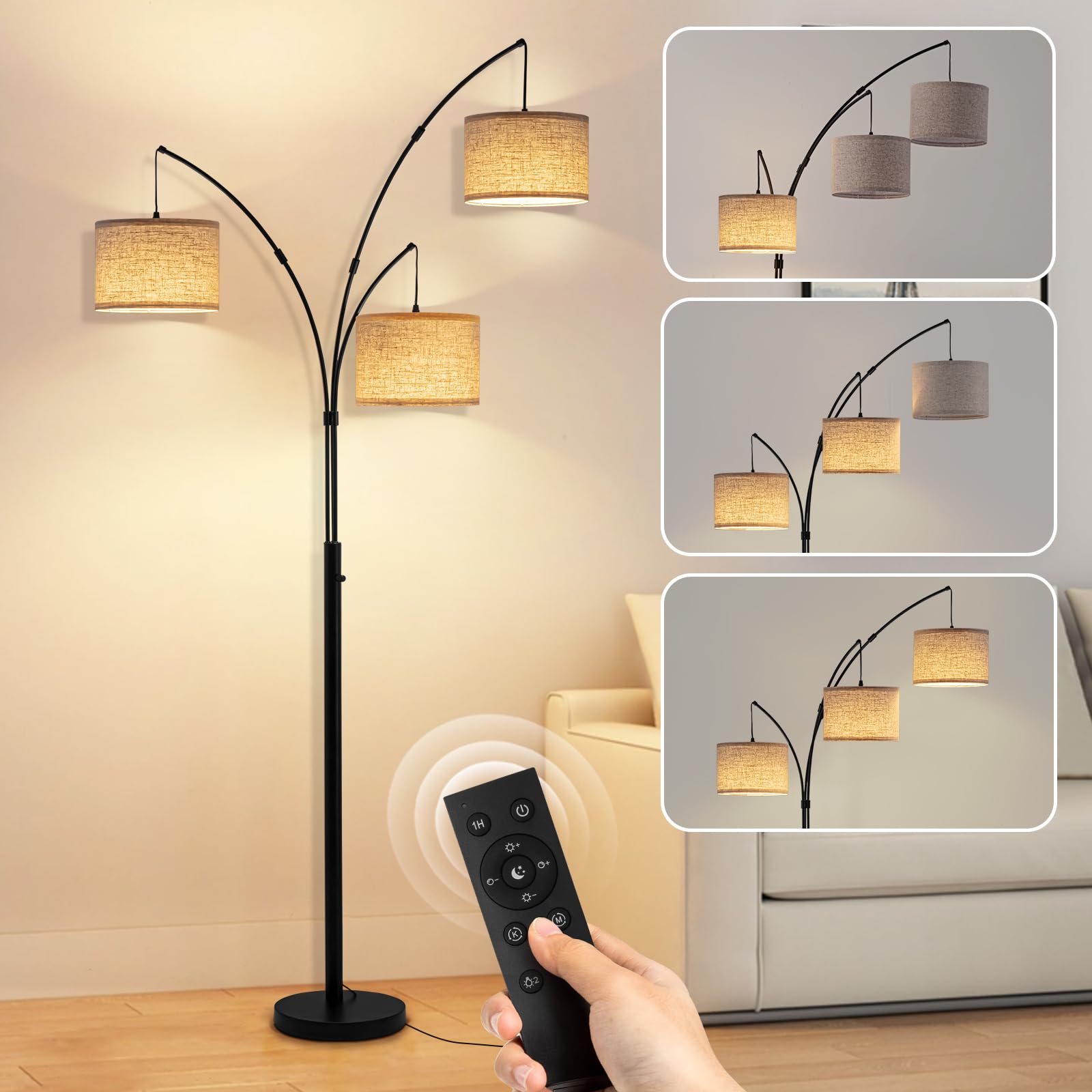 Fansdrick Floor Lamps for Living Room, 2400LM Super Bright Arc Floor Lamp with Remote Control, 3 Light Tall Floor Lamps with Ste