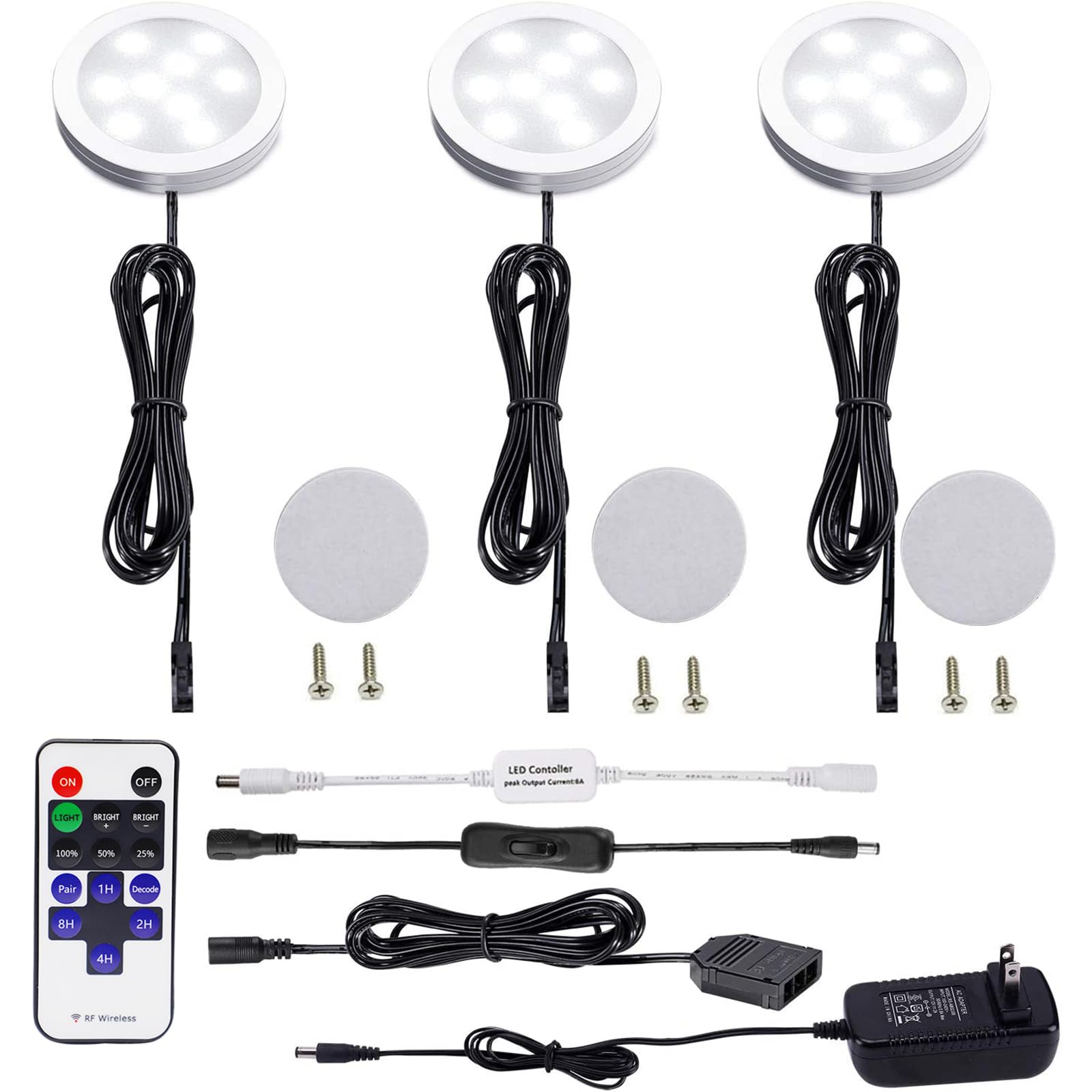 Aiboo Dimmable Led Under Cabinet Puck Lights 3 Lamps Kit With Rf Remote Control For Home Kitchen Counter Lighting (Daylight Whit