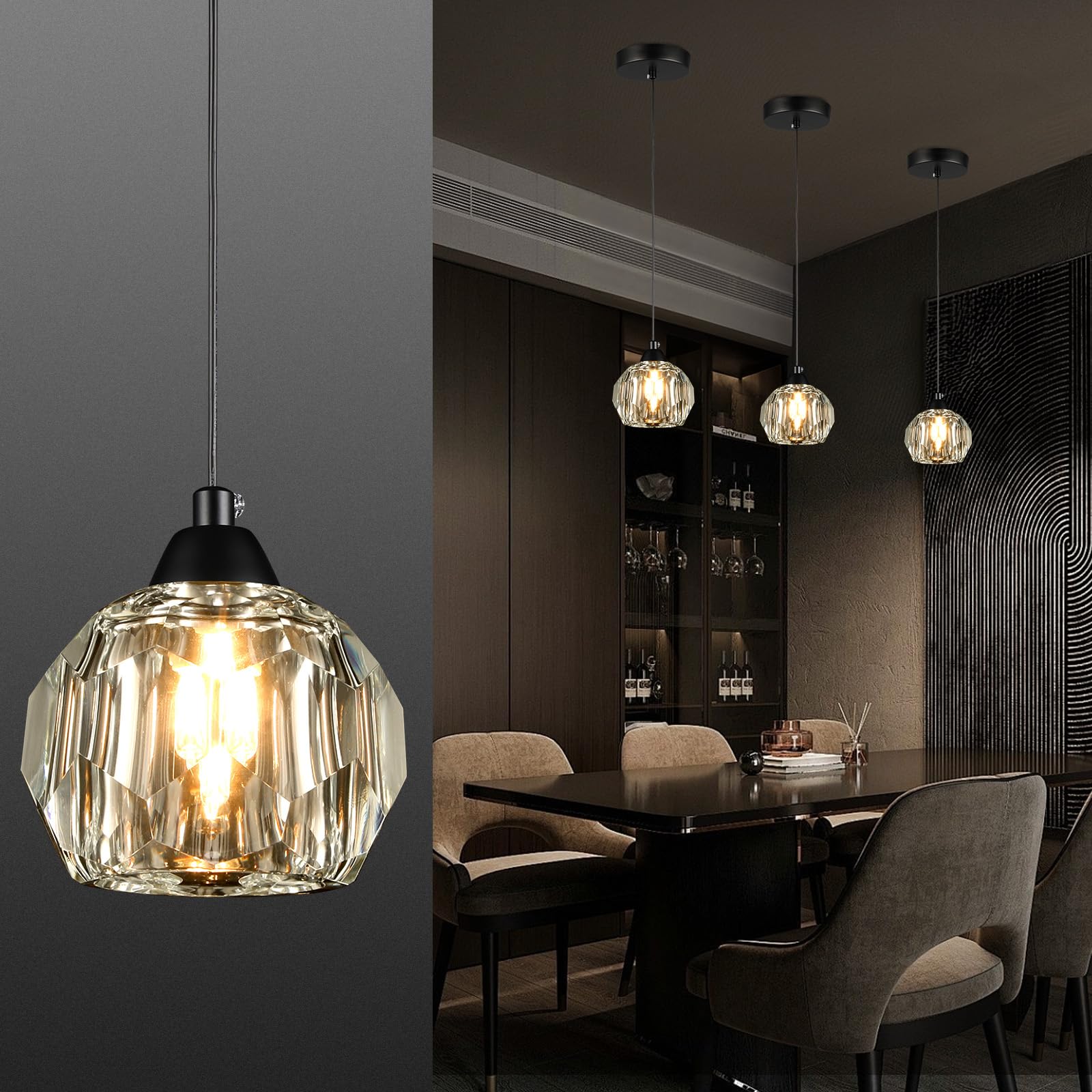 Weesalife Crystal Pendant Light Fixture, 1-Light, Black Modern Design for Dining Room, Kitchen Island, Model A8817