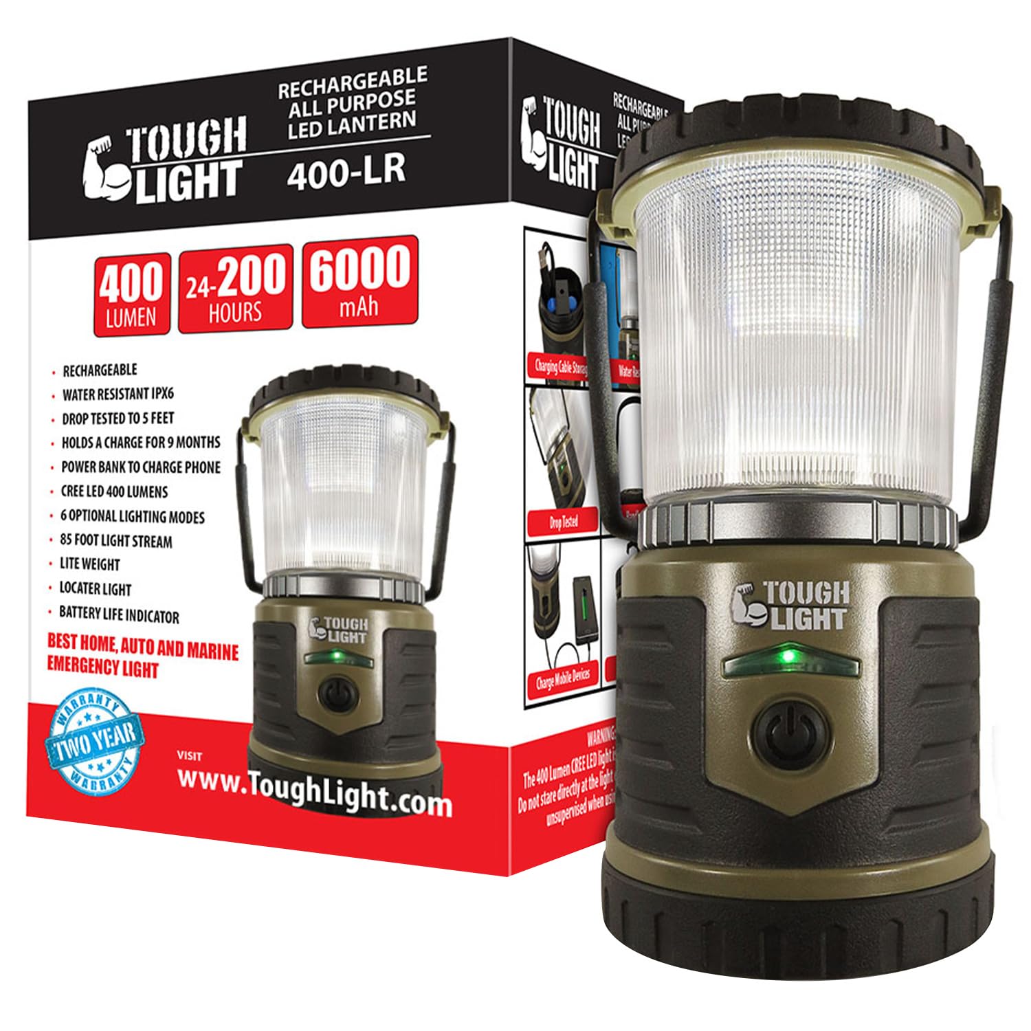 Tough Light USB Rechargeable Lantern 400 Lumens 200 Hours 6000mAh Power Bank Mud 400LR