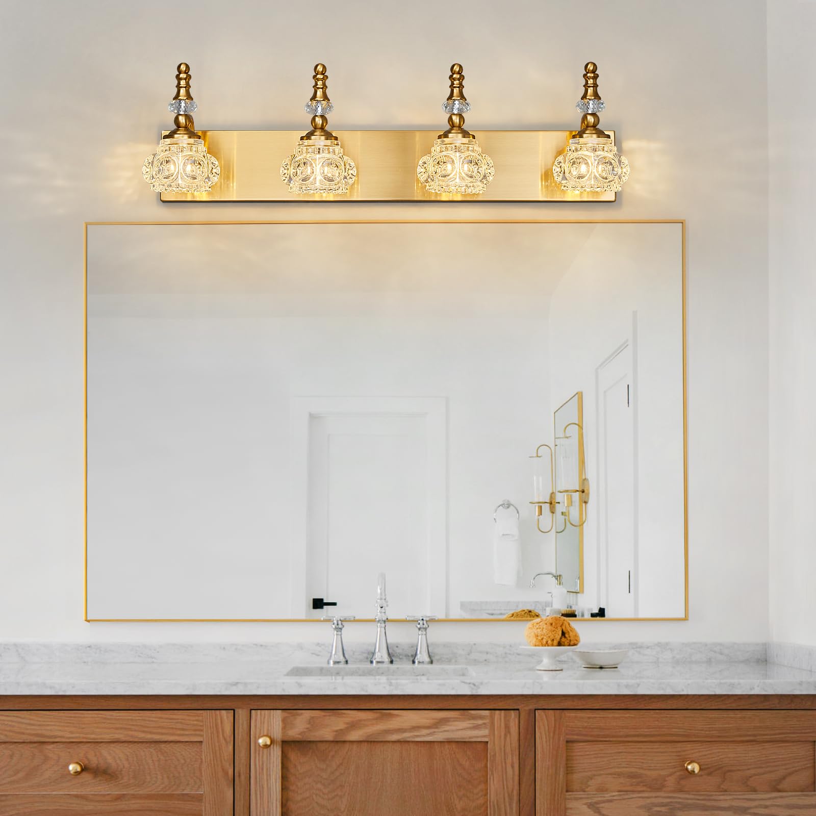 Lbsqj Modern Glass Crystal Vanity Light - Vintage Bathroom Lighting Fixtures Over Mirror  4 Light Vanity Lights G9 Bulb (27.55 Inch  Gold)