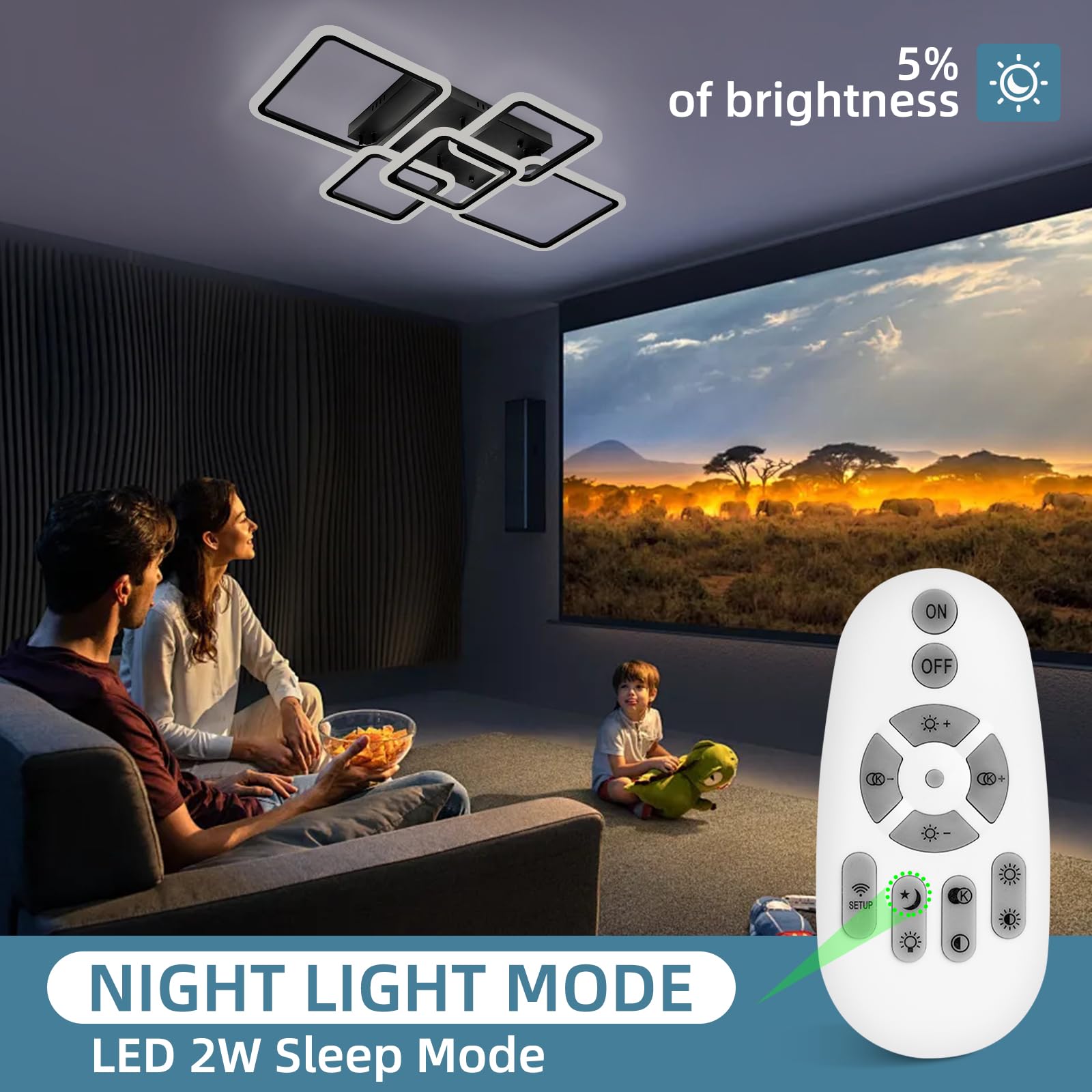 Seable Modern Led Ceiling Light 5-Square Dimmable Black Flush Mount Led Ceiling Light With Remote For Living Room