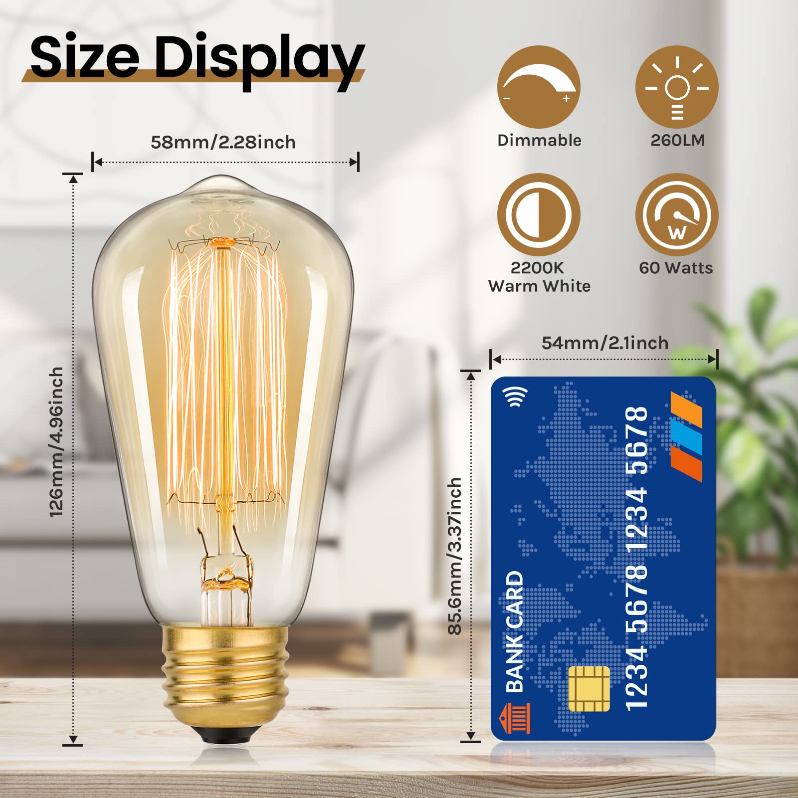 60 Watt Incandescent Edison Light Bulbs, Vintage Dimmable E26 Bulbs, St58 2200K Warm White Antique 260Lm E26 Medium Screw Base A