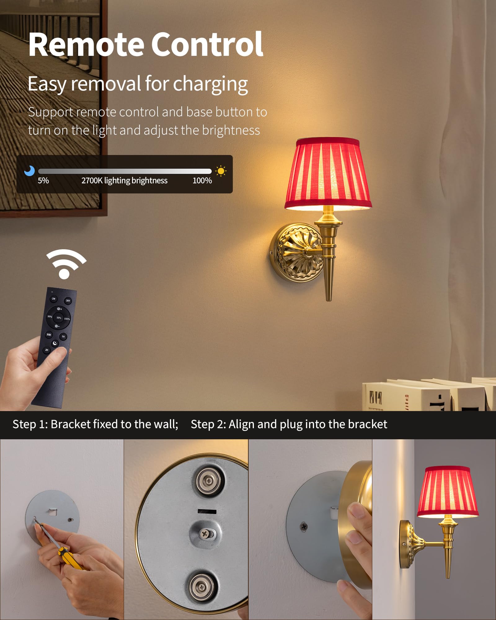 Kdg Cordless Wall Sconces Set Of 2  Small Wireless 5200Mah Rechargeable Battery Fabric Led Wall Lamps  Portables Lightings For Wall discomfort-reducingting  Living Room  Bedroom  Hallway  Gifts  Night Light (Red)